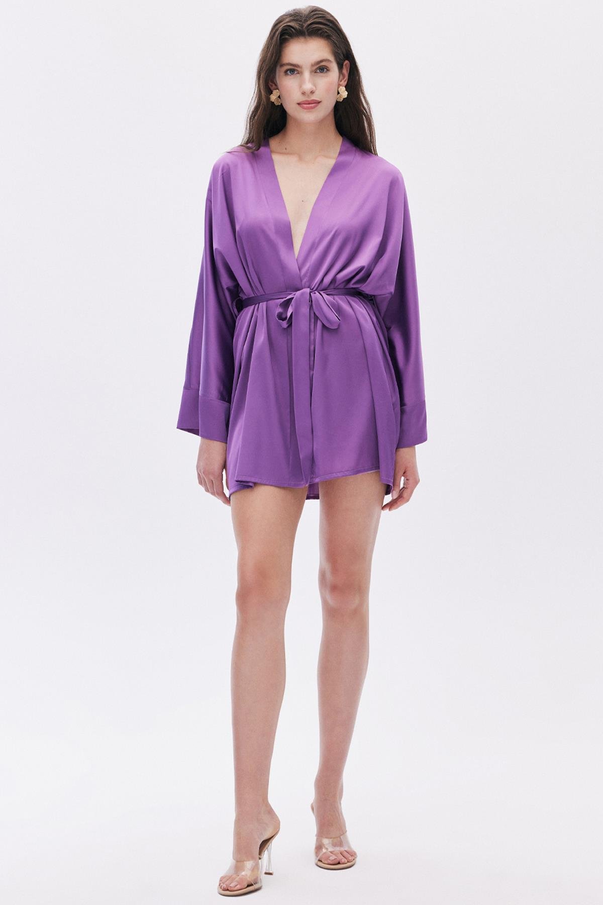 Fumée Saten Eflatun Kısa Sabahlık / Kimono