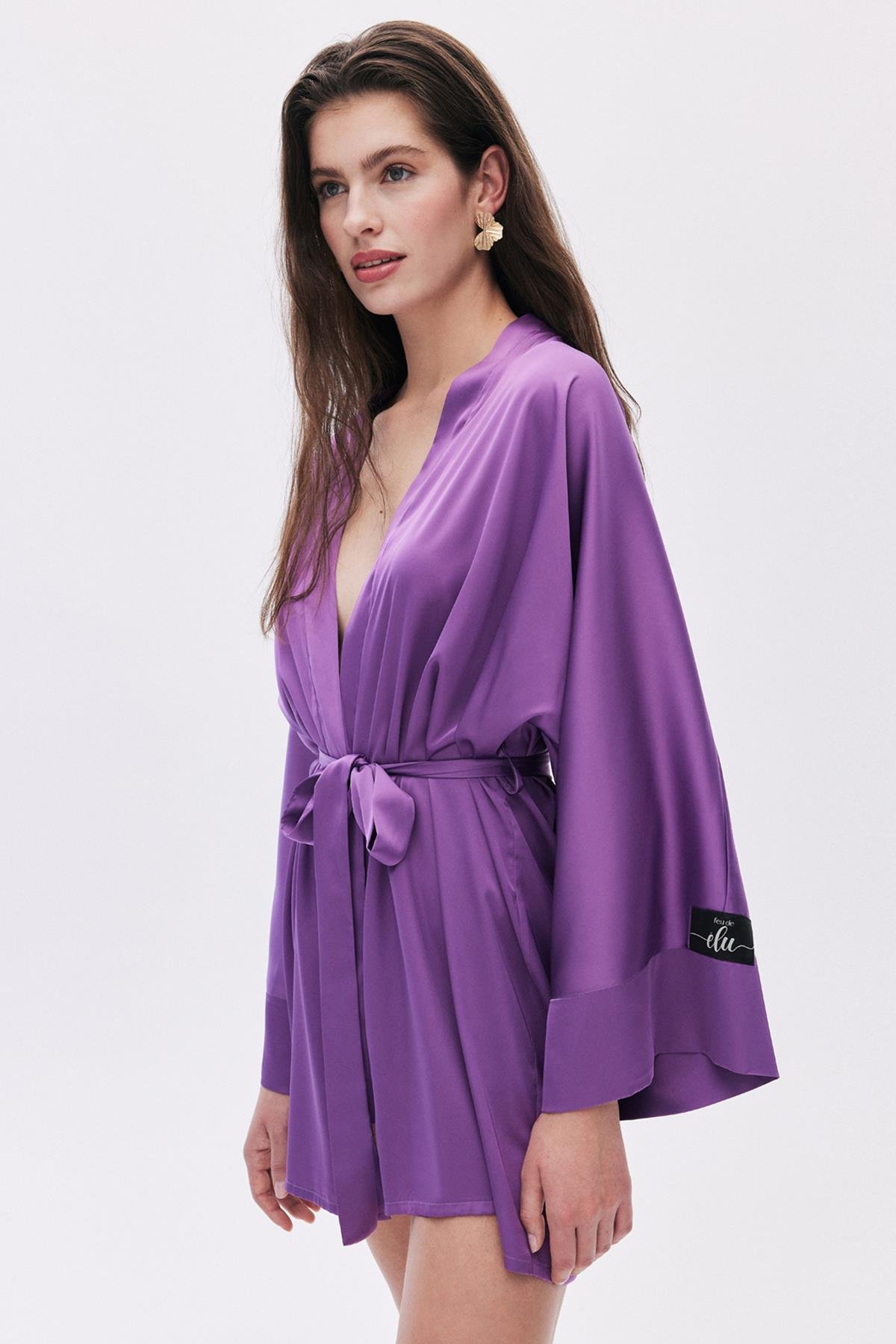 Fumée Saten Eflatun Kısa Sabahlık / Kimono
