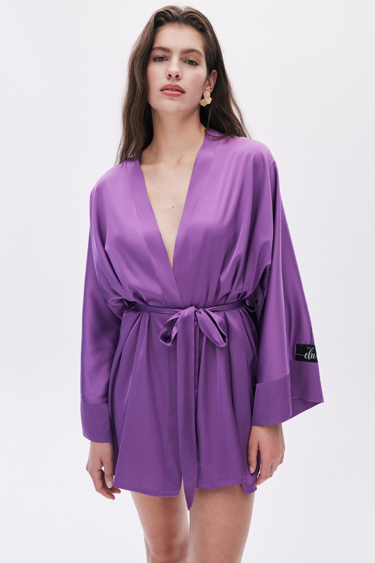 Fumée Saten Eflatun Kısa Sabahlık / Kimono