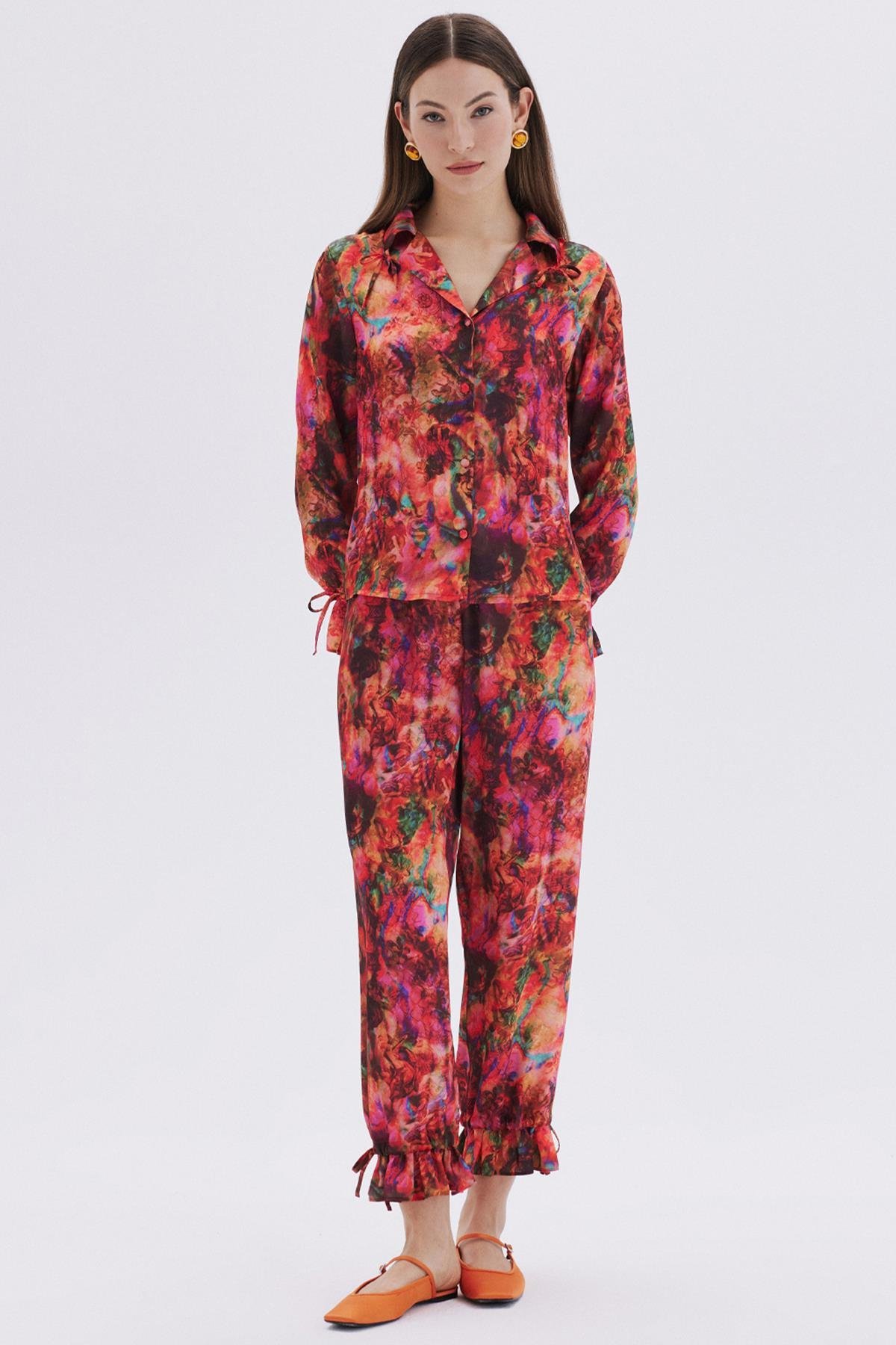 Seille Desenli Uzun Saten Pijama Takımı