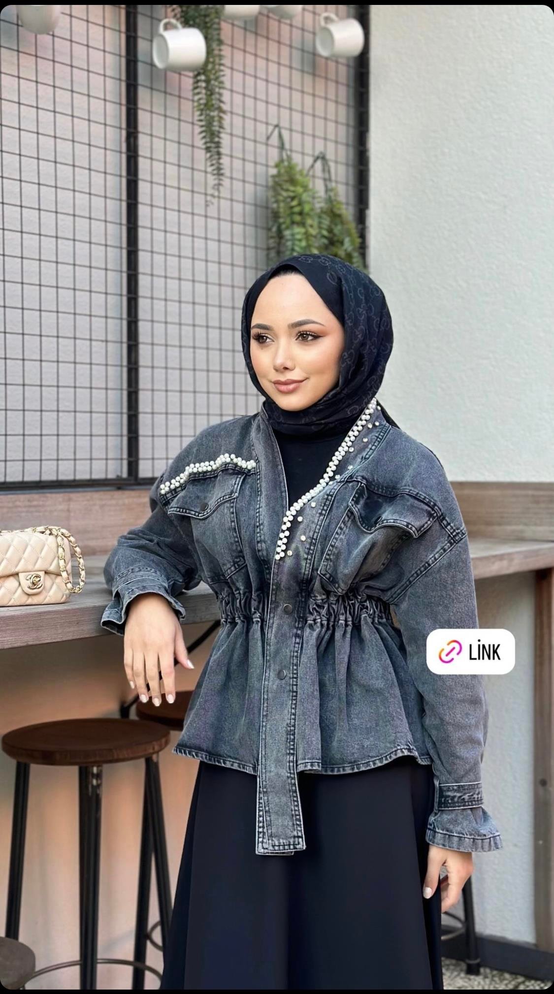 İncili kot ceket koyu renk