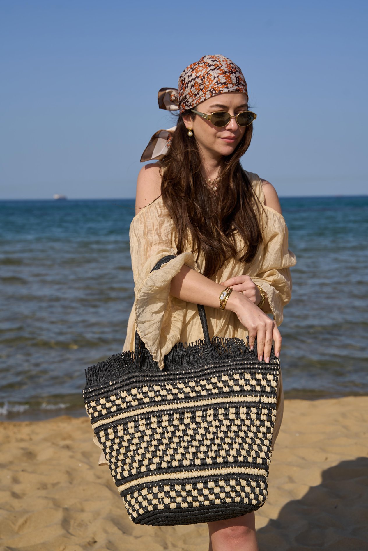 Oversize Dama Desenli Hasır Çanta Siyah