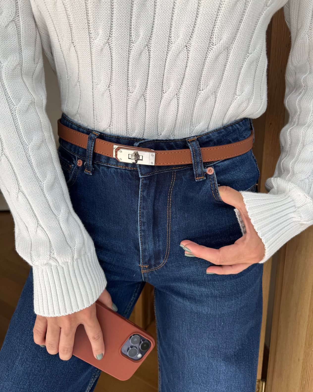 Silver Kilit Tokalı Dikişli Kemer 2cm Taba