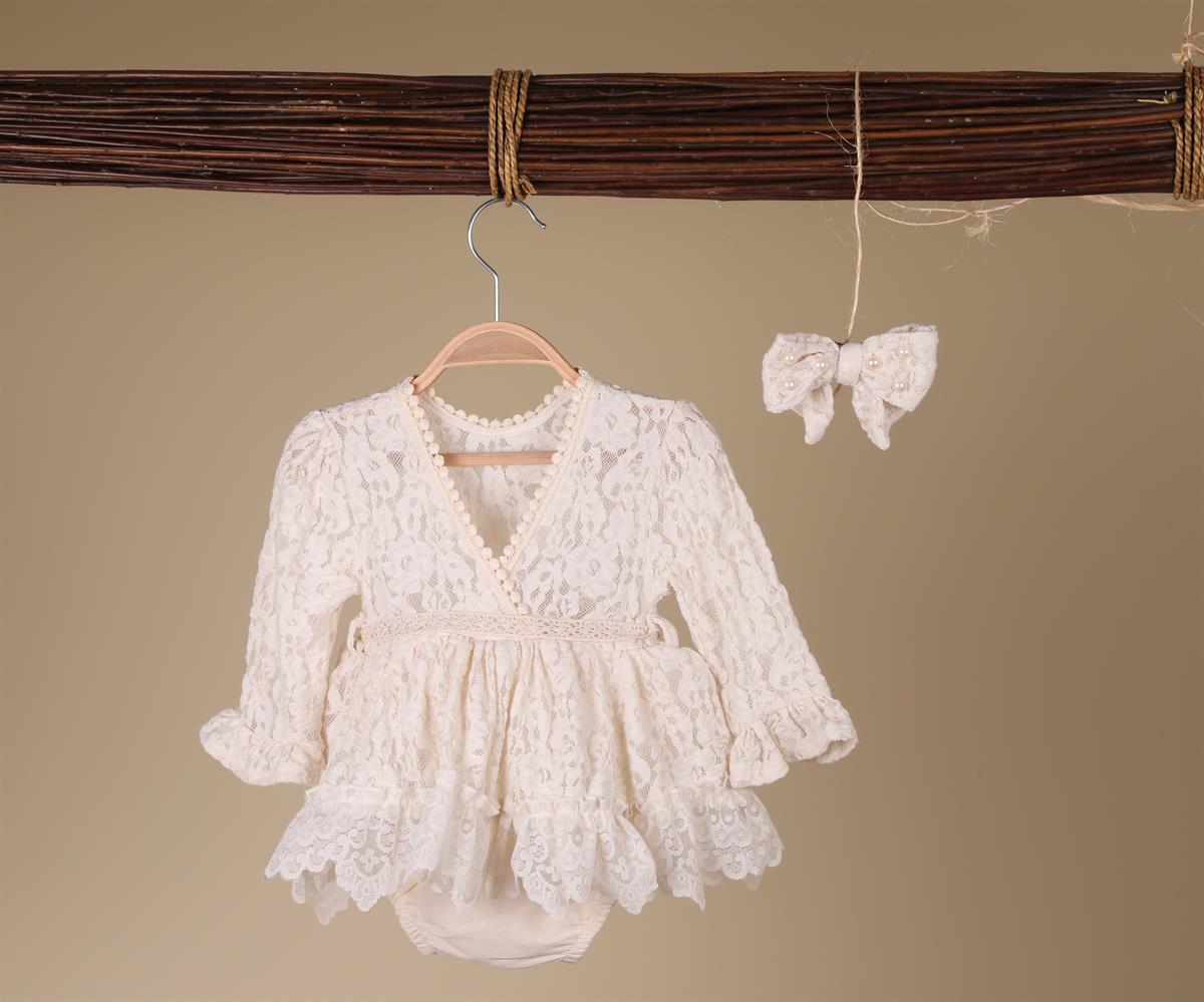 Dantelli Kız Bebek Romper Tulum Tokalı Takım Krem
