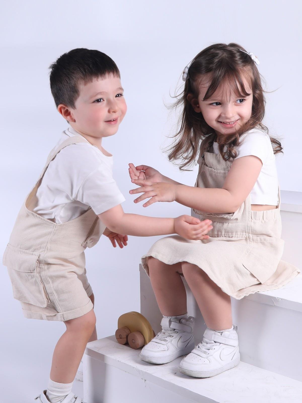 Keten Kumaş Çocuk Tulum Unisex Bej