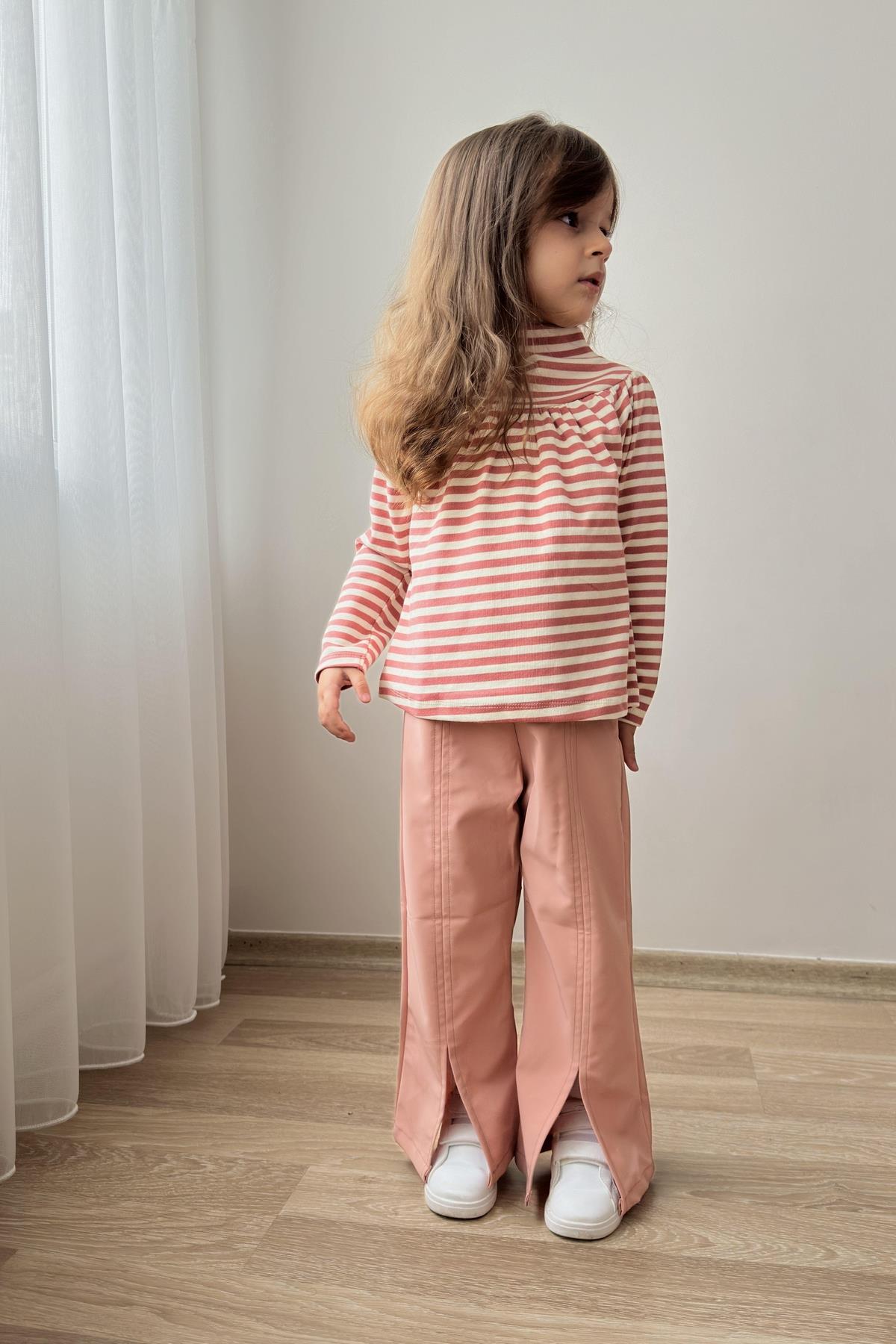 Pembe Paça Yırtmaçlı Kız Çocuk Deri Pantolon