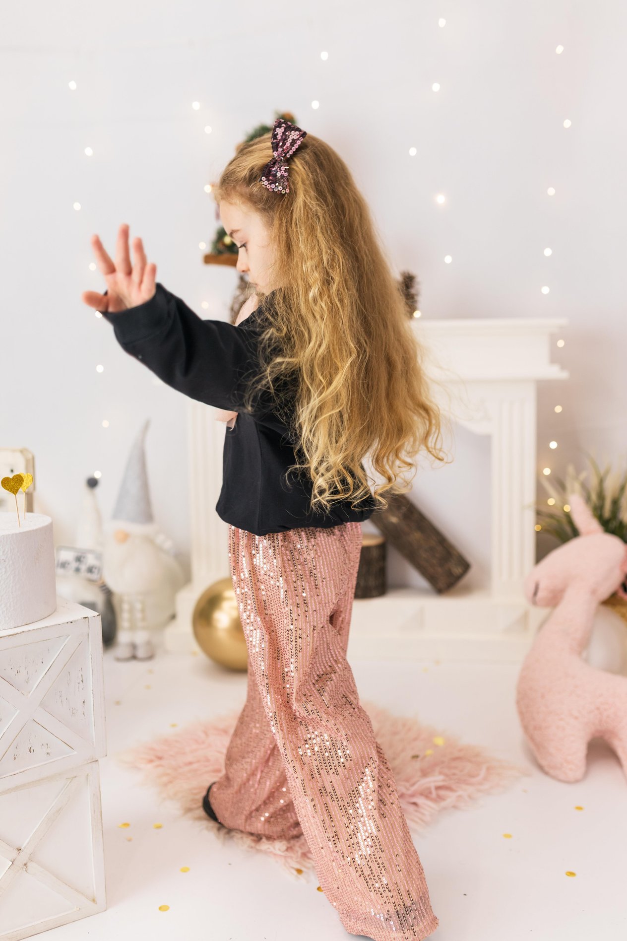Pembe Payetli Pantolon Tül Detaylı Bluz Kız Çocuk İkili Takım Pembe