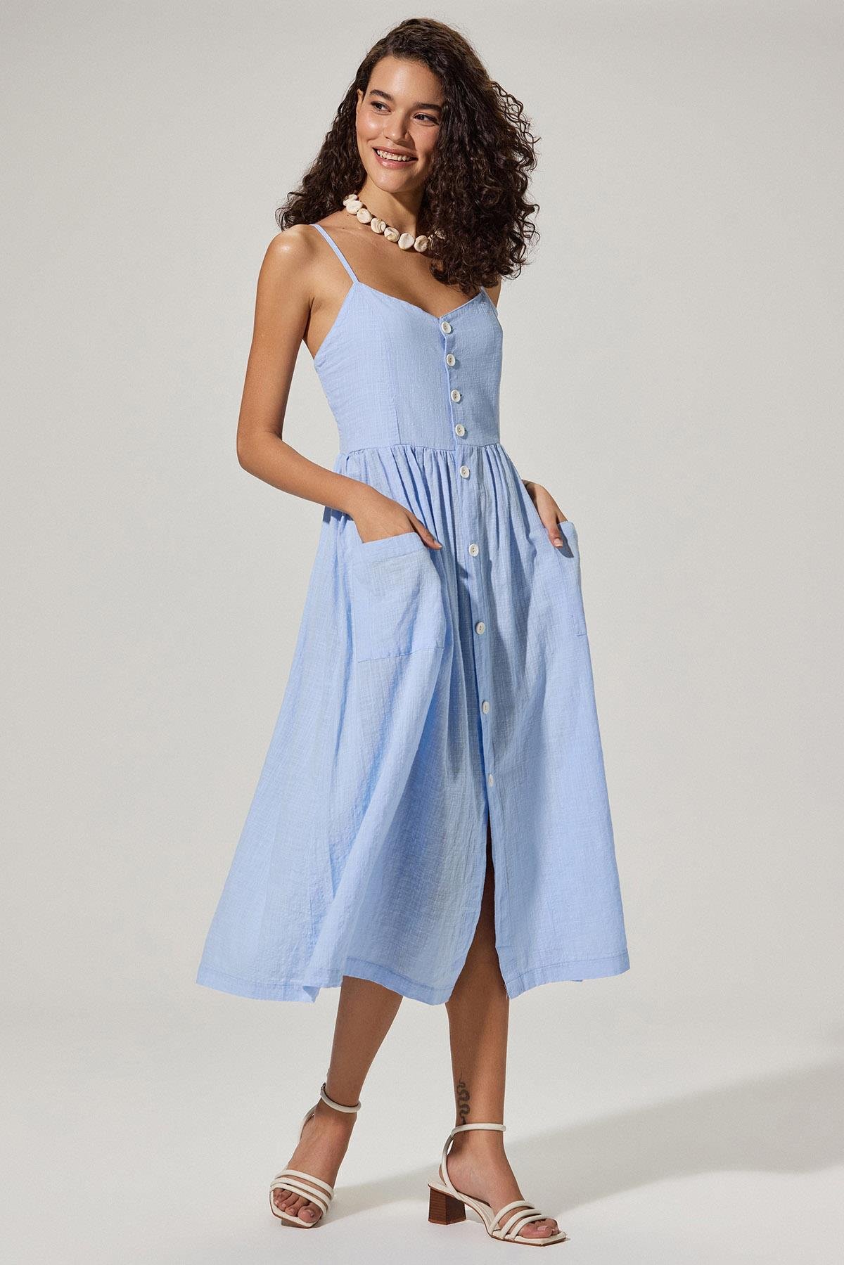 Strapless Coco Buttoned Blue Dress