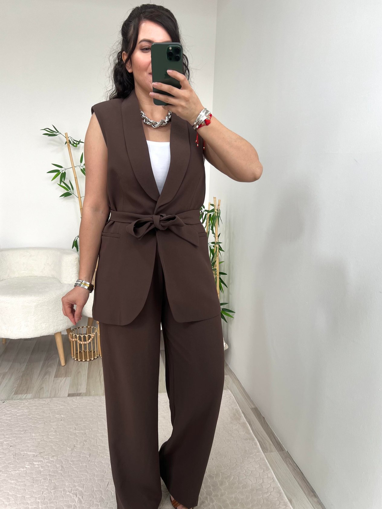 Kahverengi Yelek Pantolon İkili Premium Takım