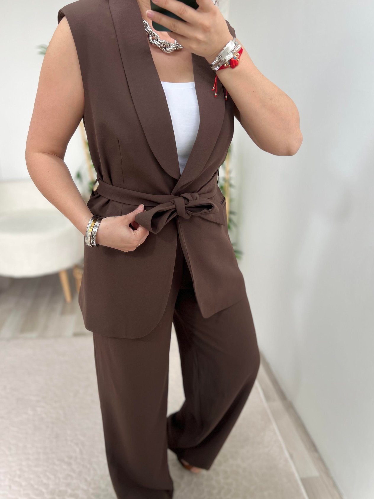 Kahverengi Yelek Pantolon İkili Premium Takım