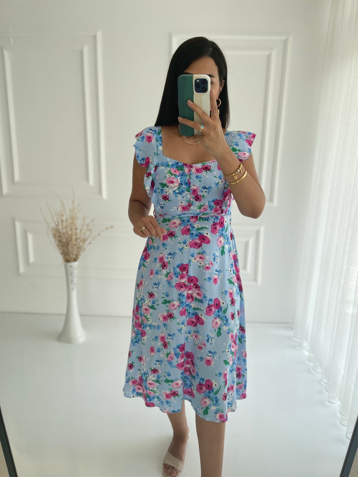 Bebe Mavi Çiçek Desen Kısa Fırfır Kollu Elbise
