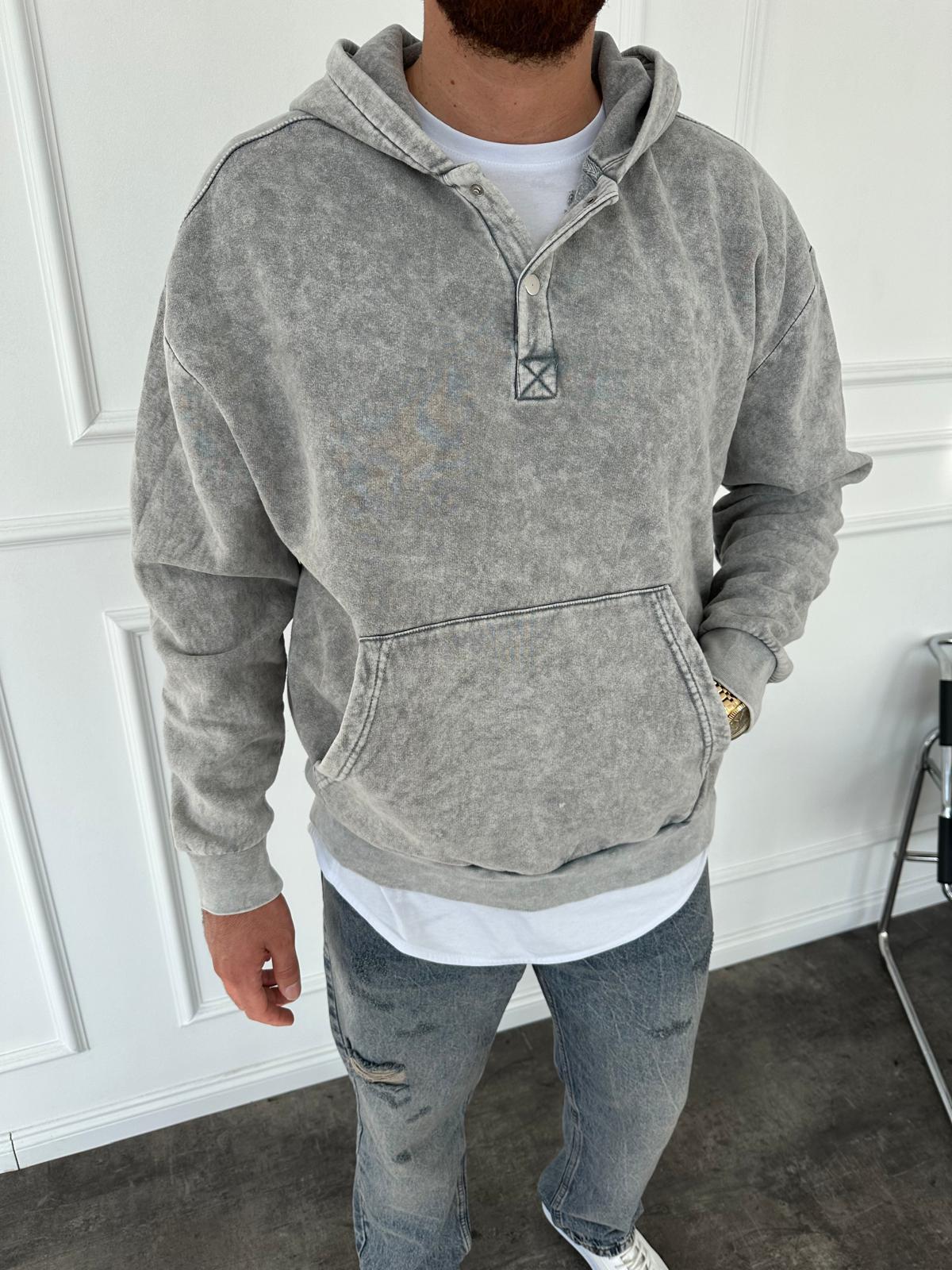 Açık Gri Yıkamalı Kapüşonlü Sweatshirt