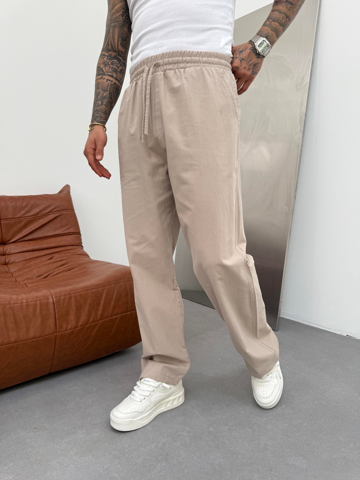 Bej Keten Baggy Pantolon