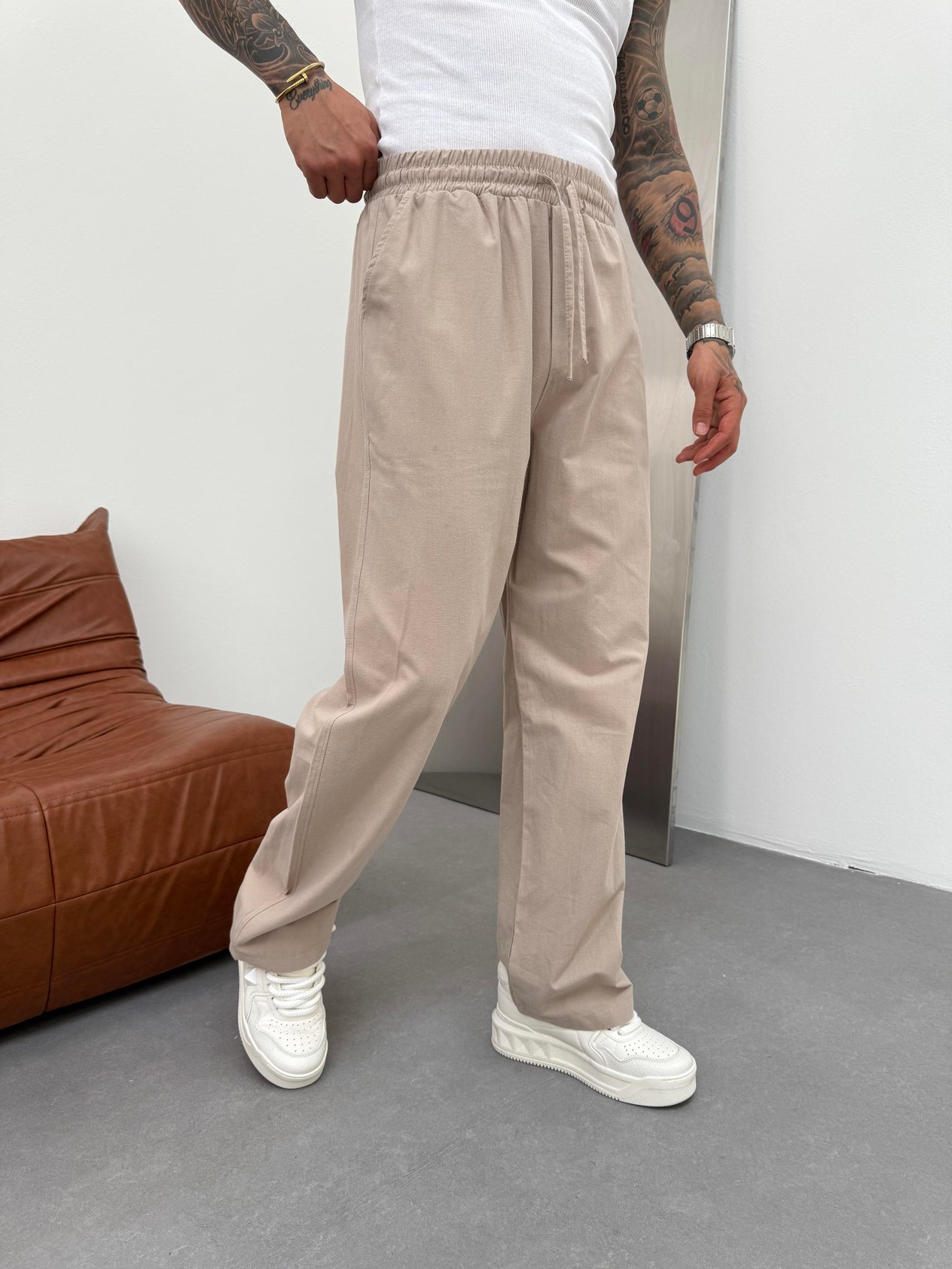 Bej Keten Baggy Pantolon