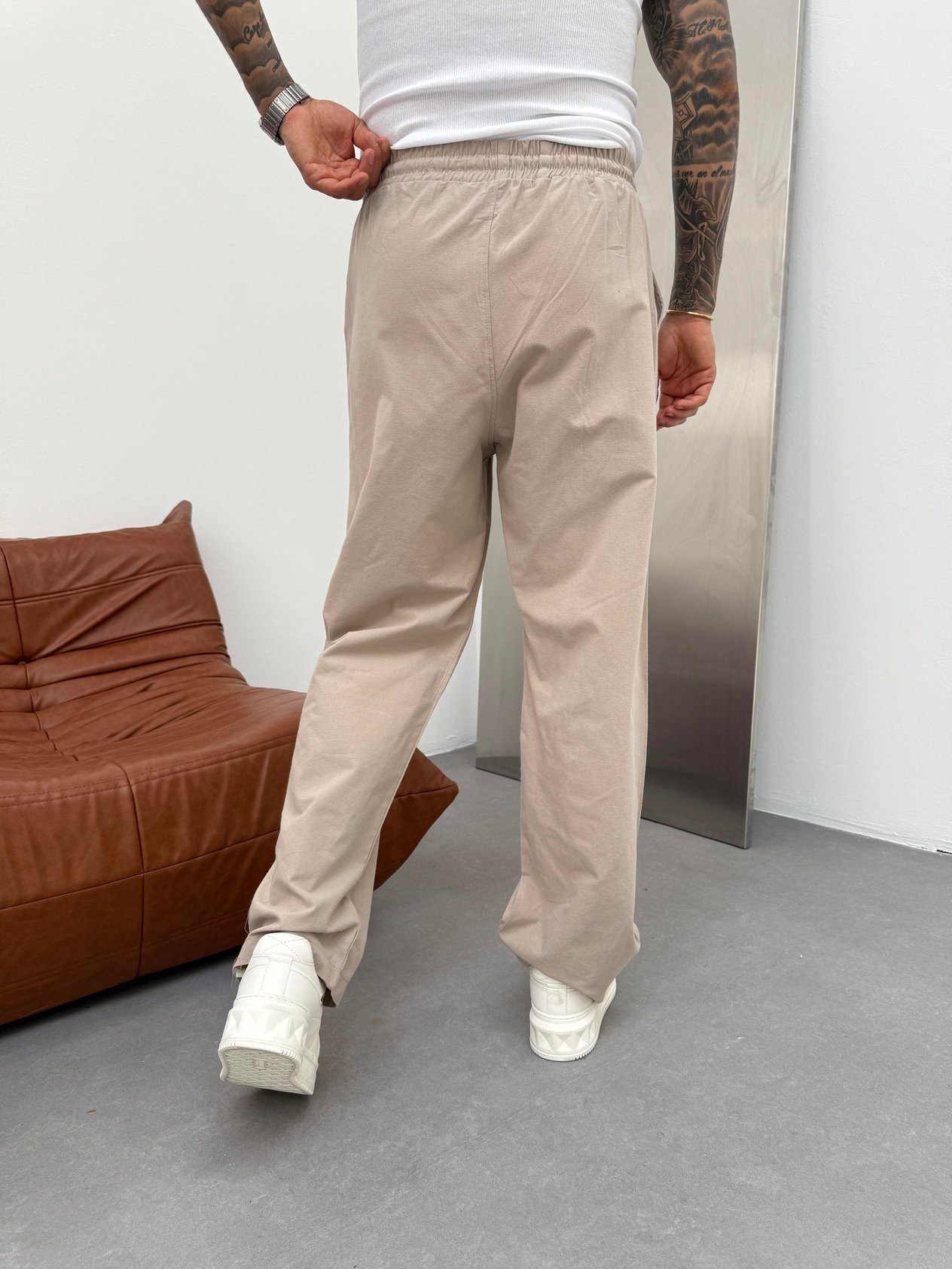 Bej Keten Baggy Pantolon