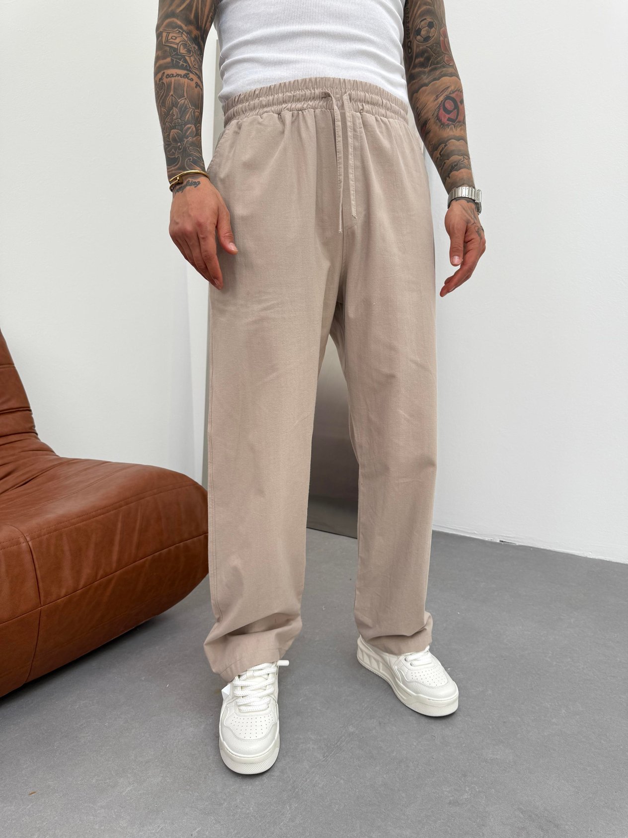 Bej Keten Baggy Pantolon