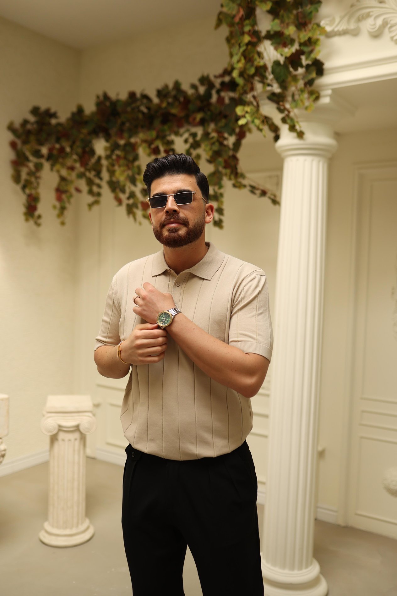 Bej Polo Yaka Fitilli Triko T-Shirt