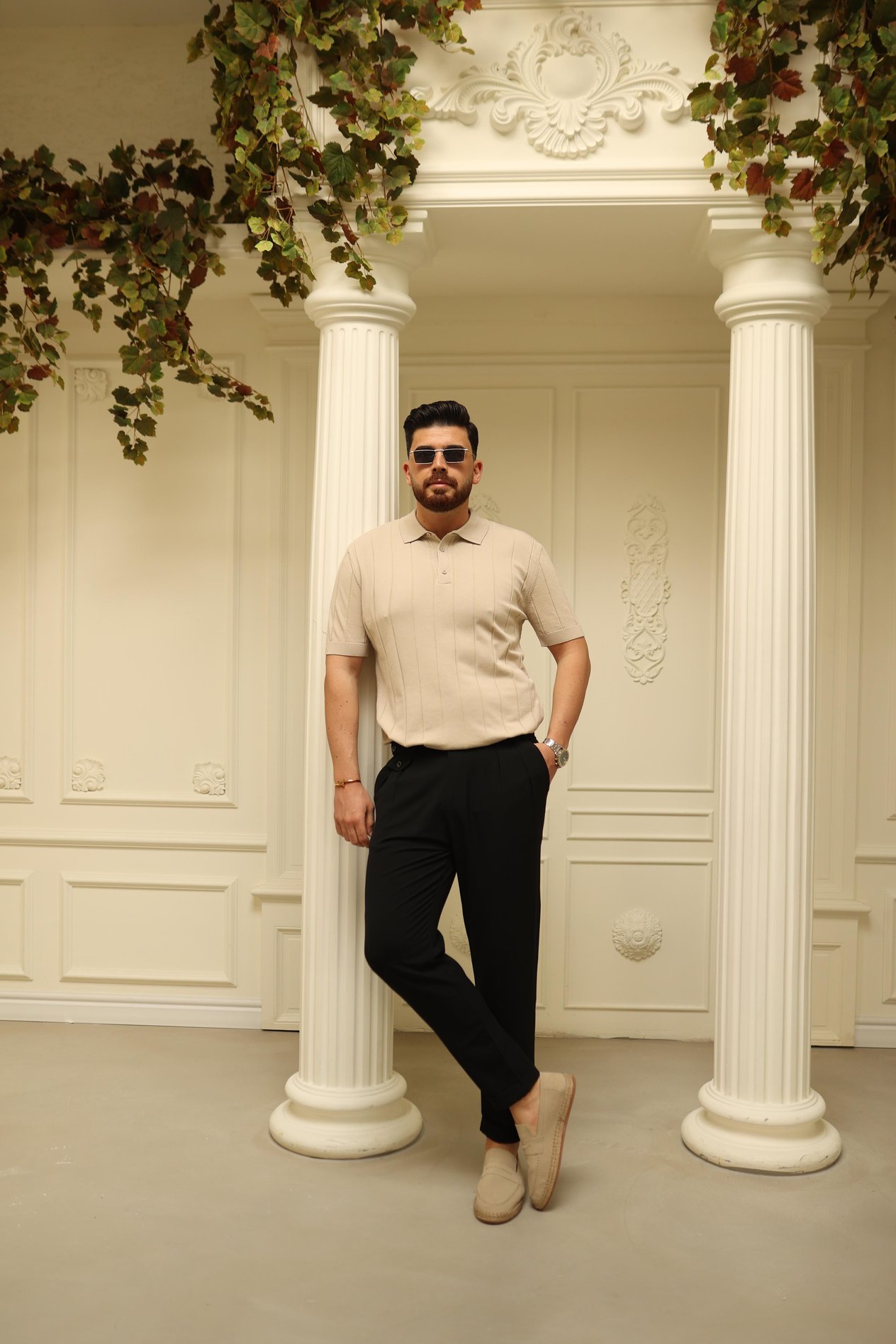 Bej Polo Yaka Fitilli Triko T-Shirt