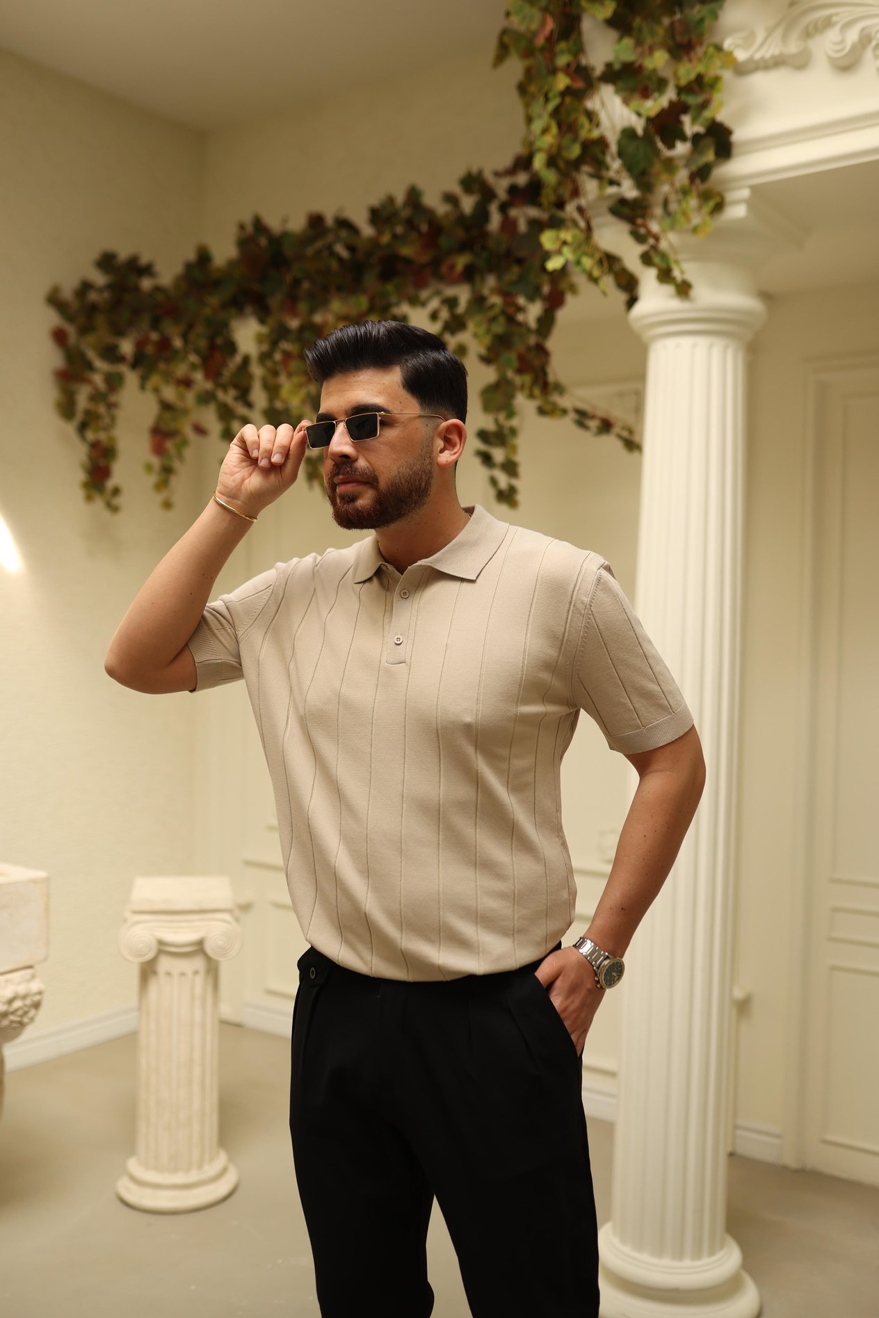 Bej Polo Yaka Fitilli Triko T-Shirt