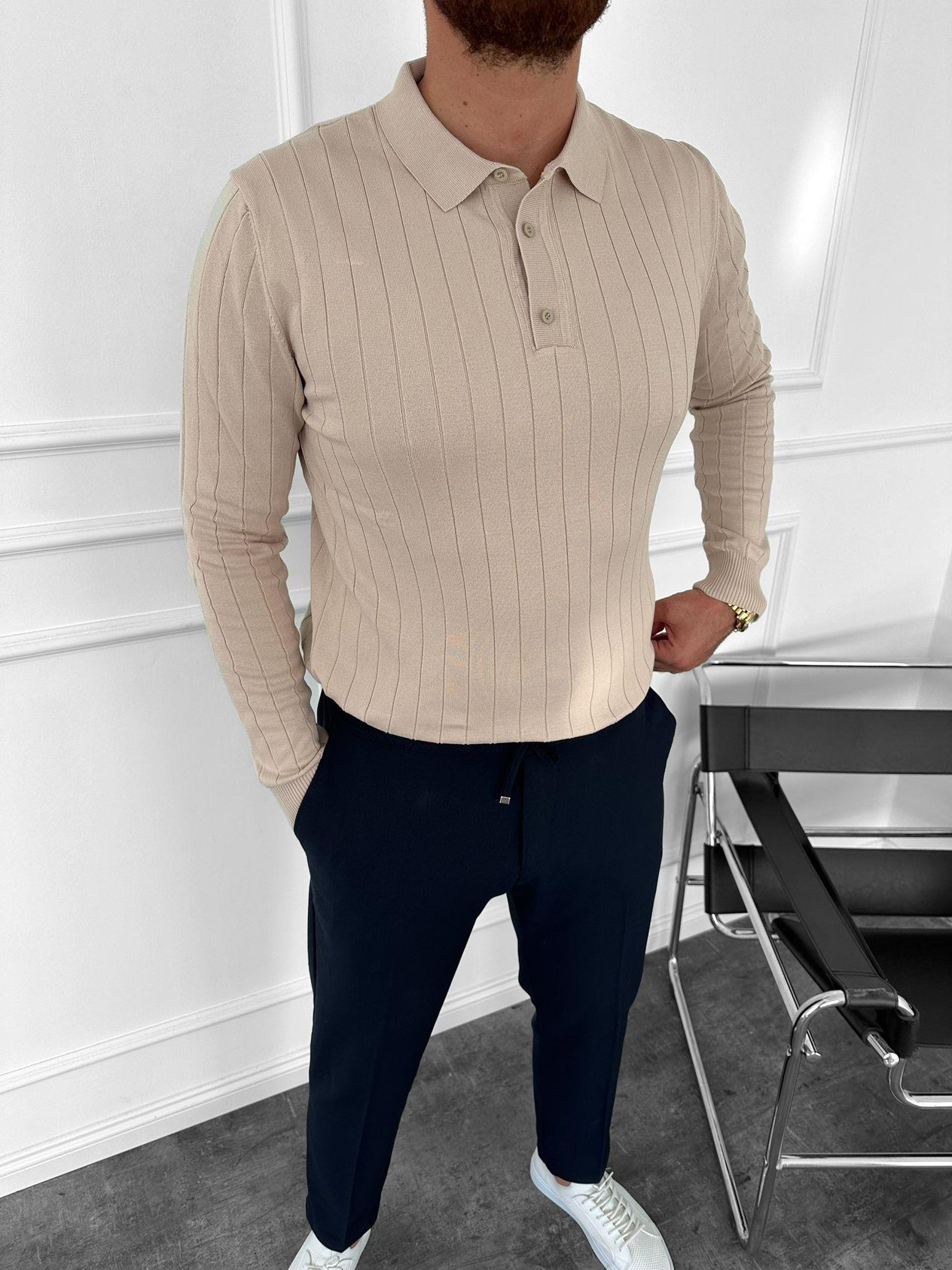 Bej Slimfit Polo Yaka Triko