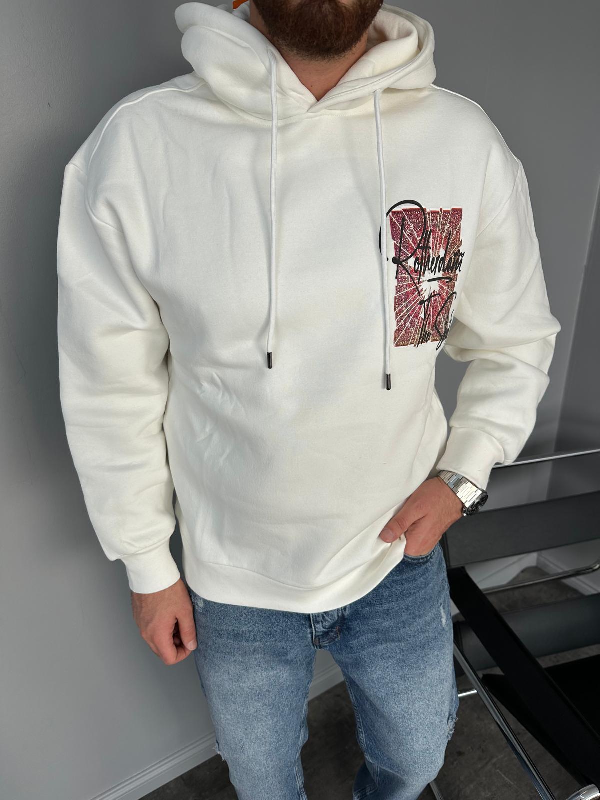 Beyaz Kapüşonlu Baskılı Sweatshirt