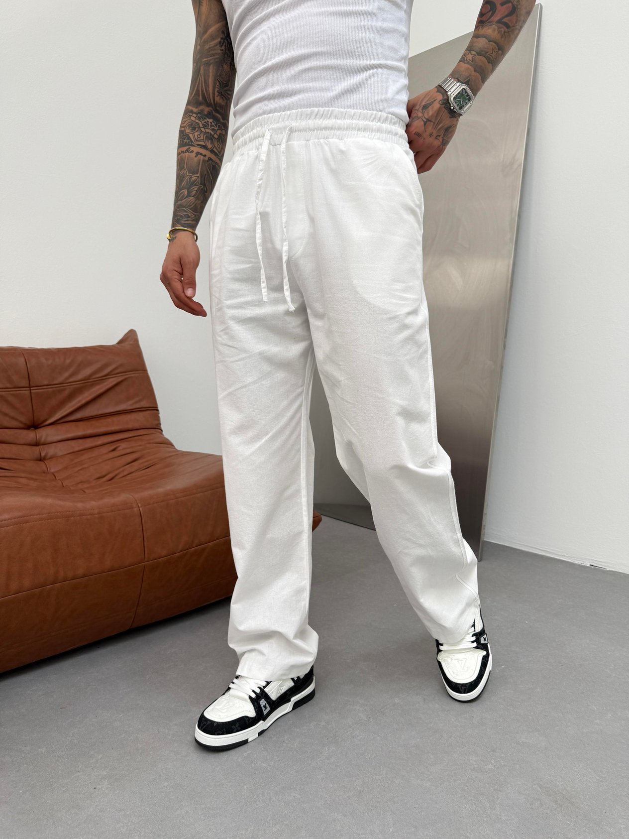 Beyaz Keten Baggy Pantolon