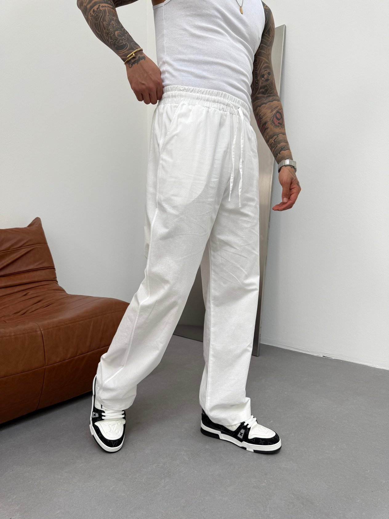 Beyaz Keten Baggy Pantolon
