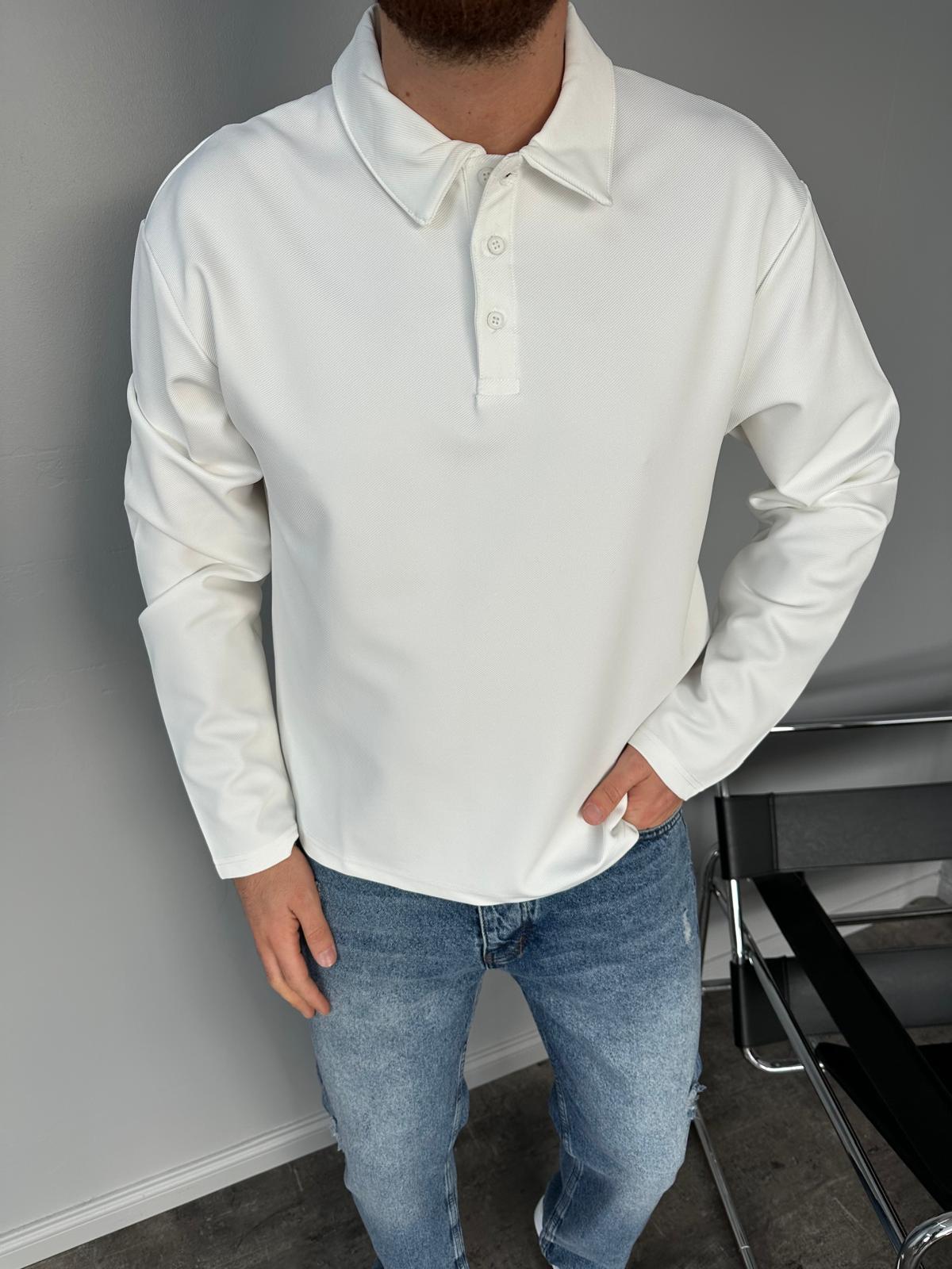 Beyaz Polo Yaka Düğmeli Sweatshirt