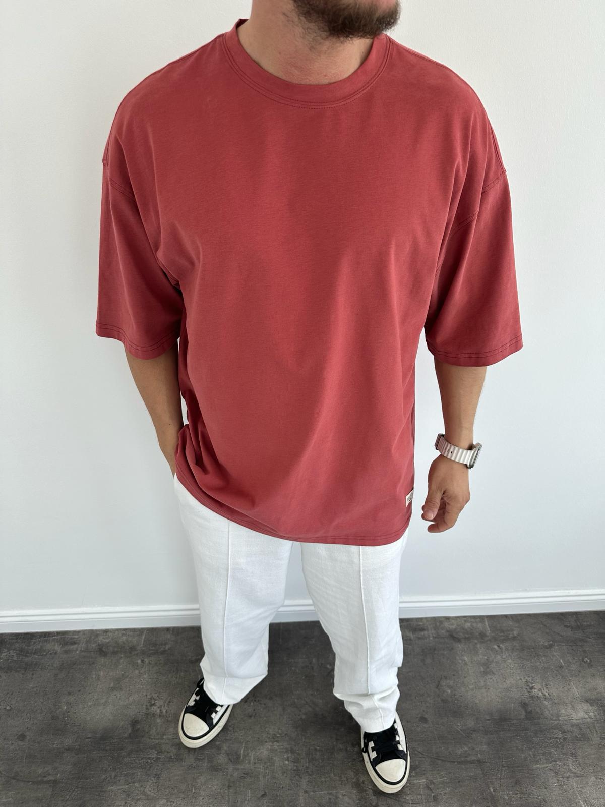 Bordo Fırçalı Kumaş Oversize T-Shirt