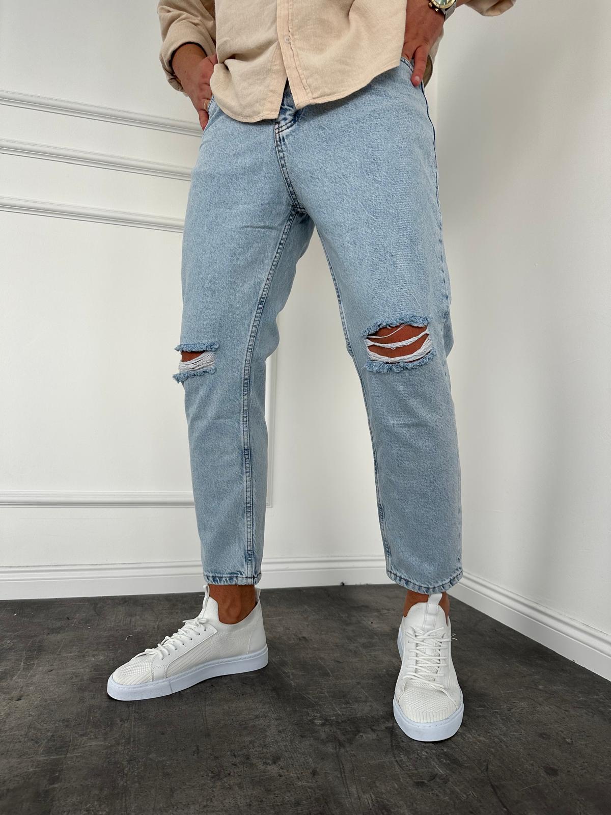 Buz Mavi Diz Yırtık Boyfriend Jean