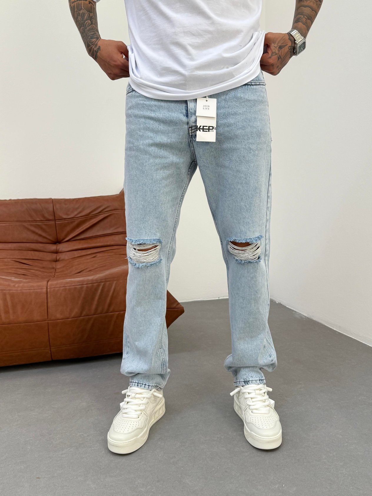 Diz Yırtık Buz Mavi Baggy Jean