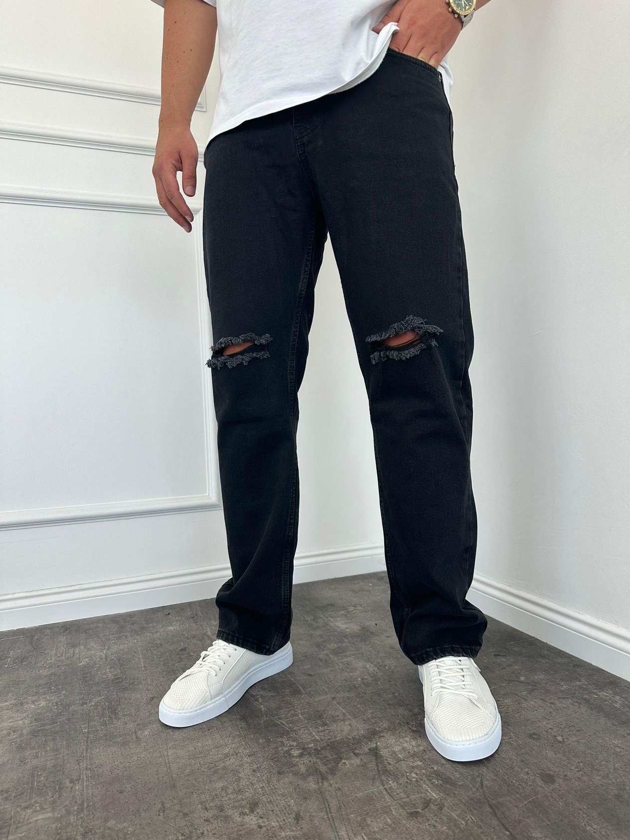Diz Yırtık Detaylı Antrasit Baggy Jean