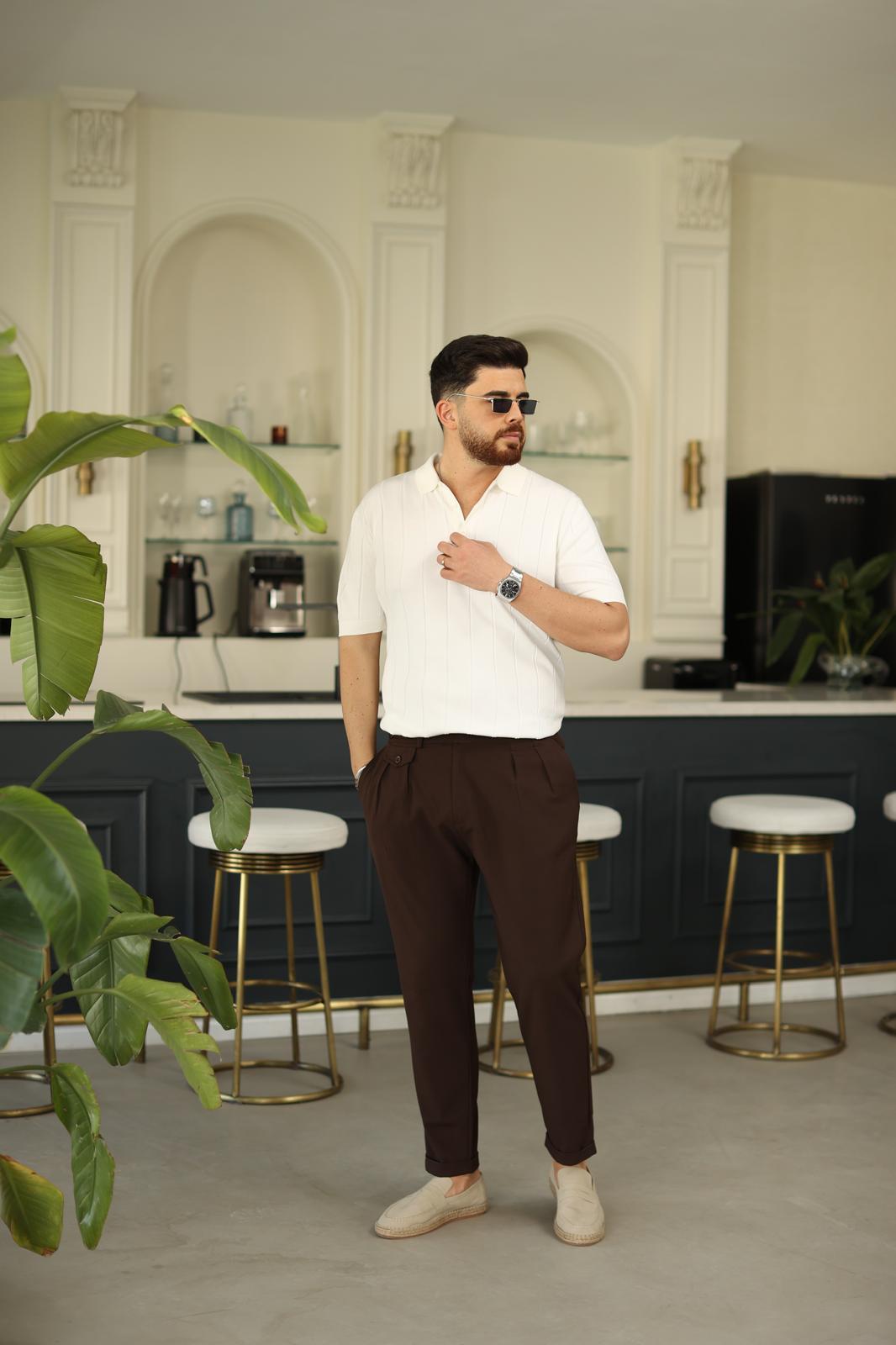 Ekru Polo Yaka Fitilli Triko T-Shirt