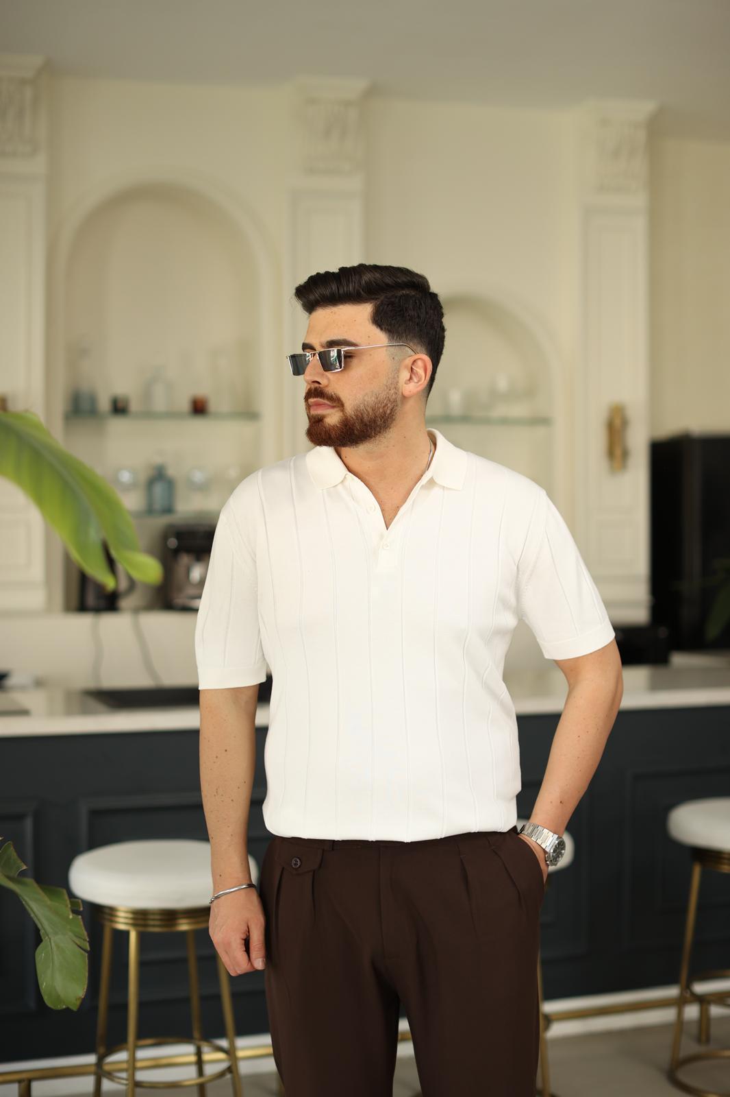 Ekru Polo Yaka Fitilli Triko T-Shirt