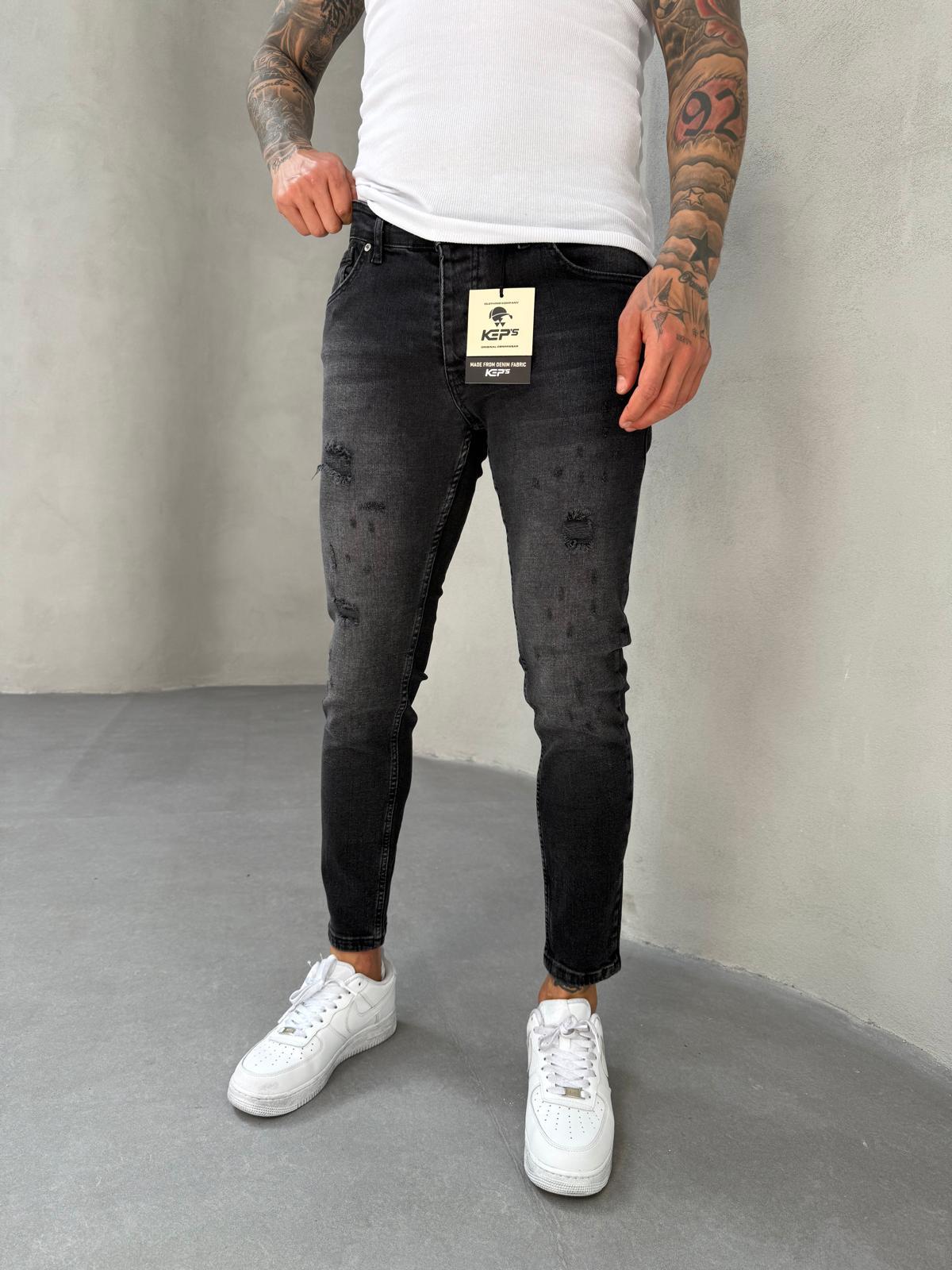 Füme Yırtık Detaylı Slimfit Jean