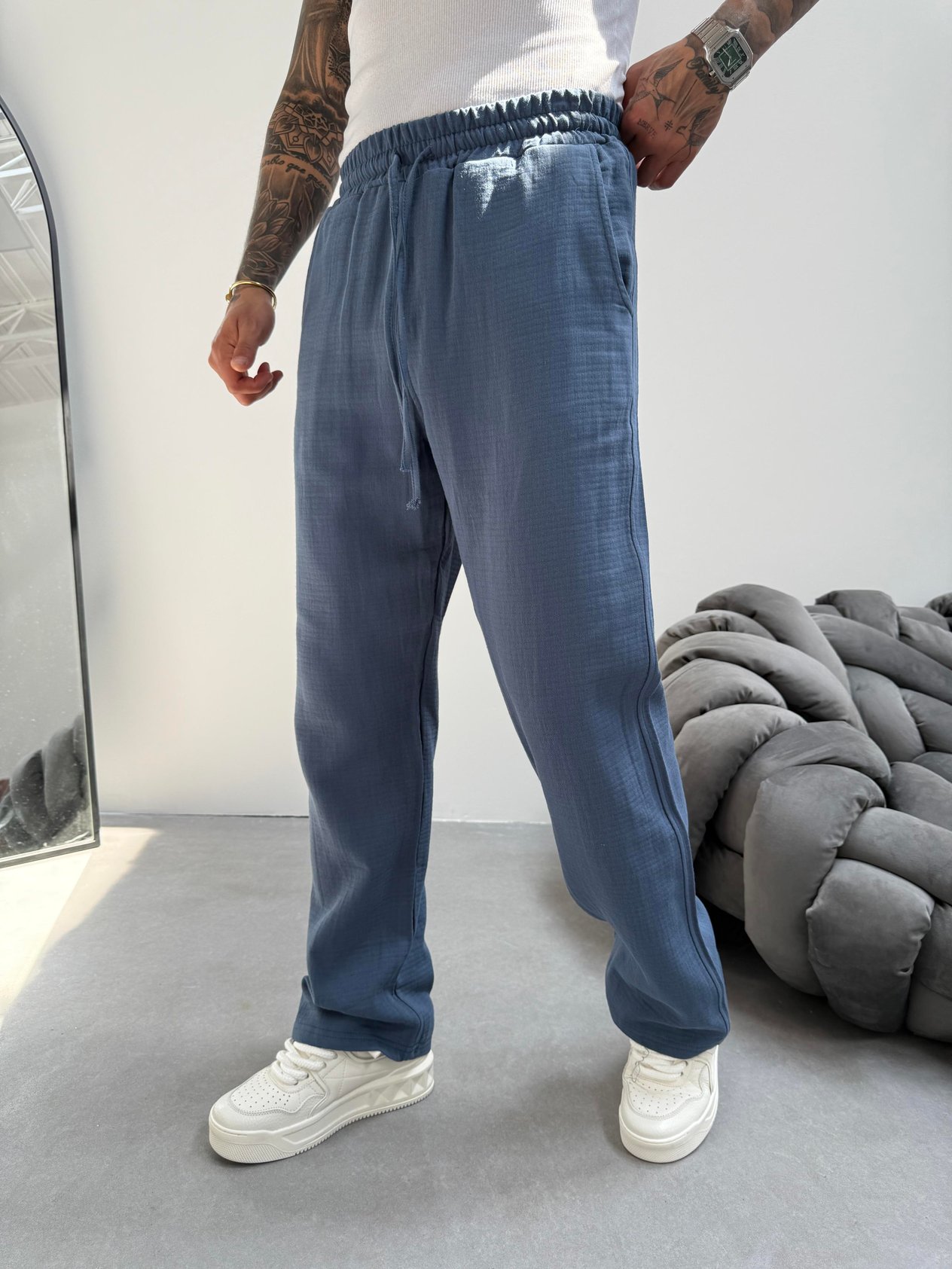 İndigo Müslin Kumaş Baggy Pantolon