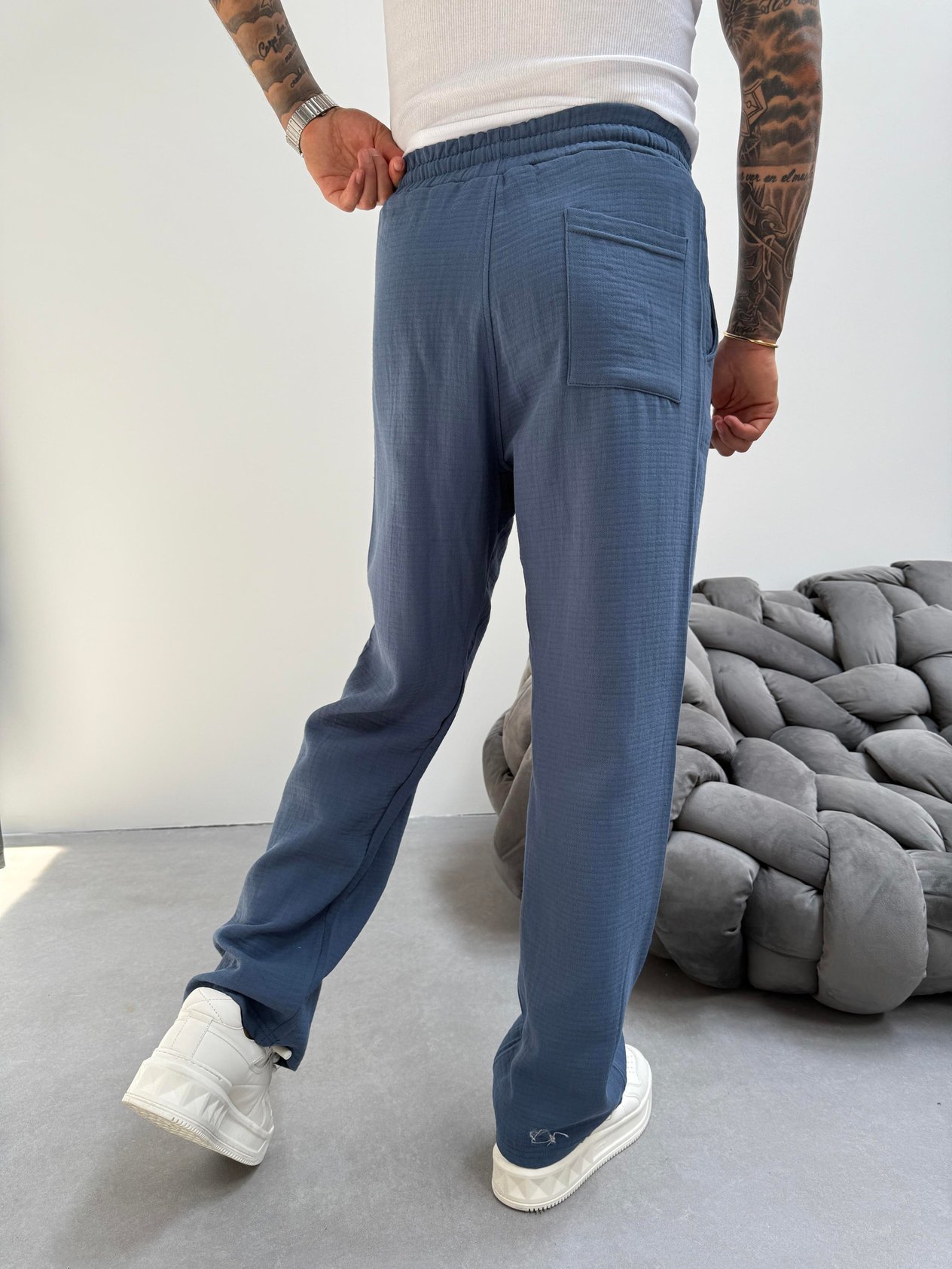 İndigo Müslin Kumaş Baggy Pantolon
