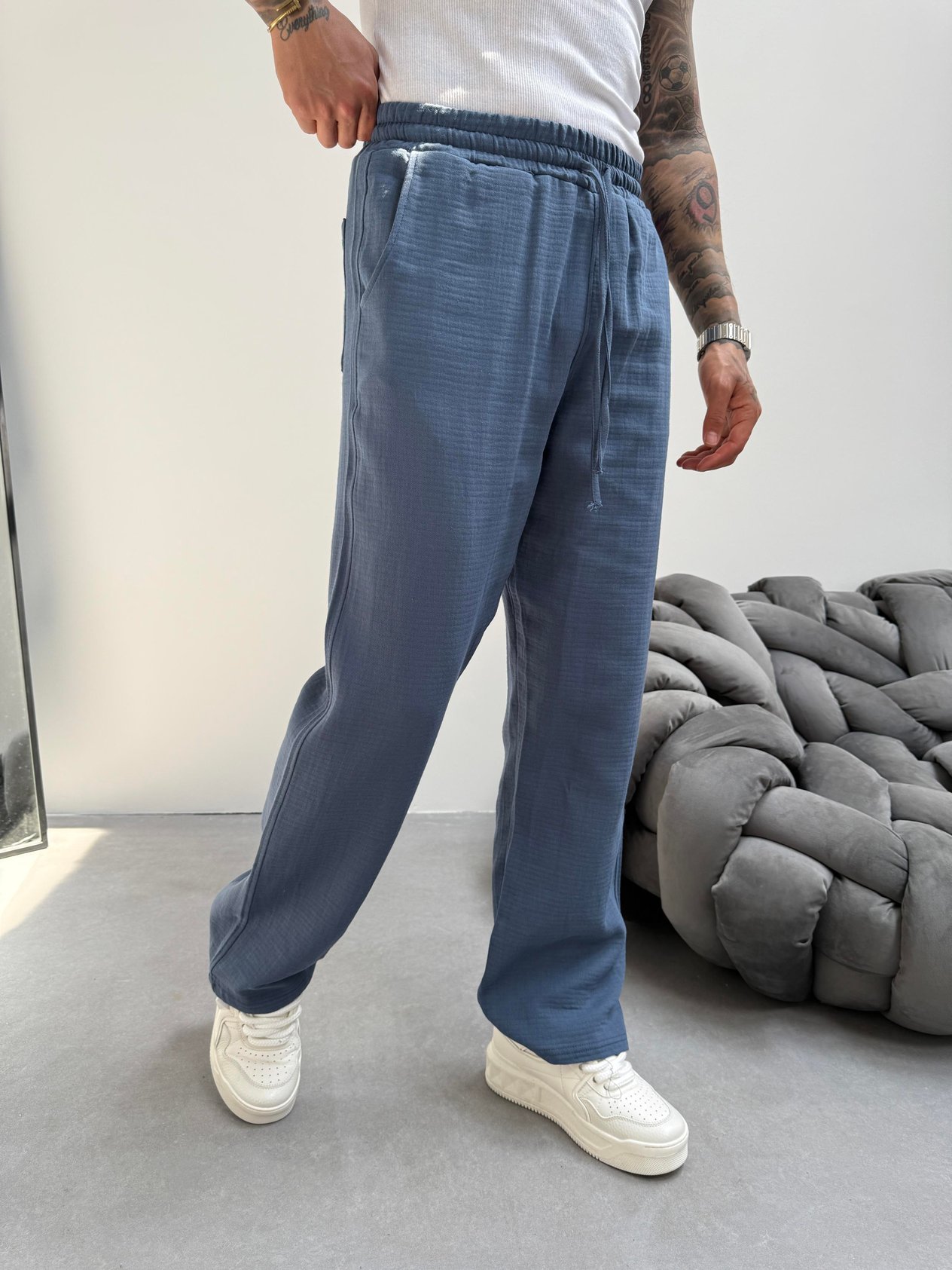 İndigo Müslin Kumaş Baggy Pantolon