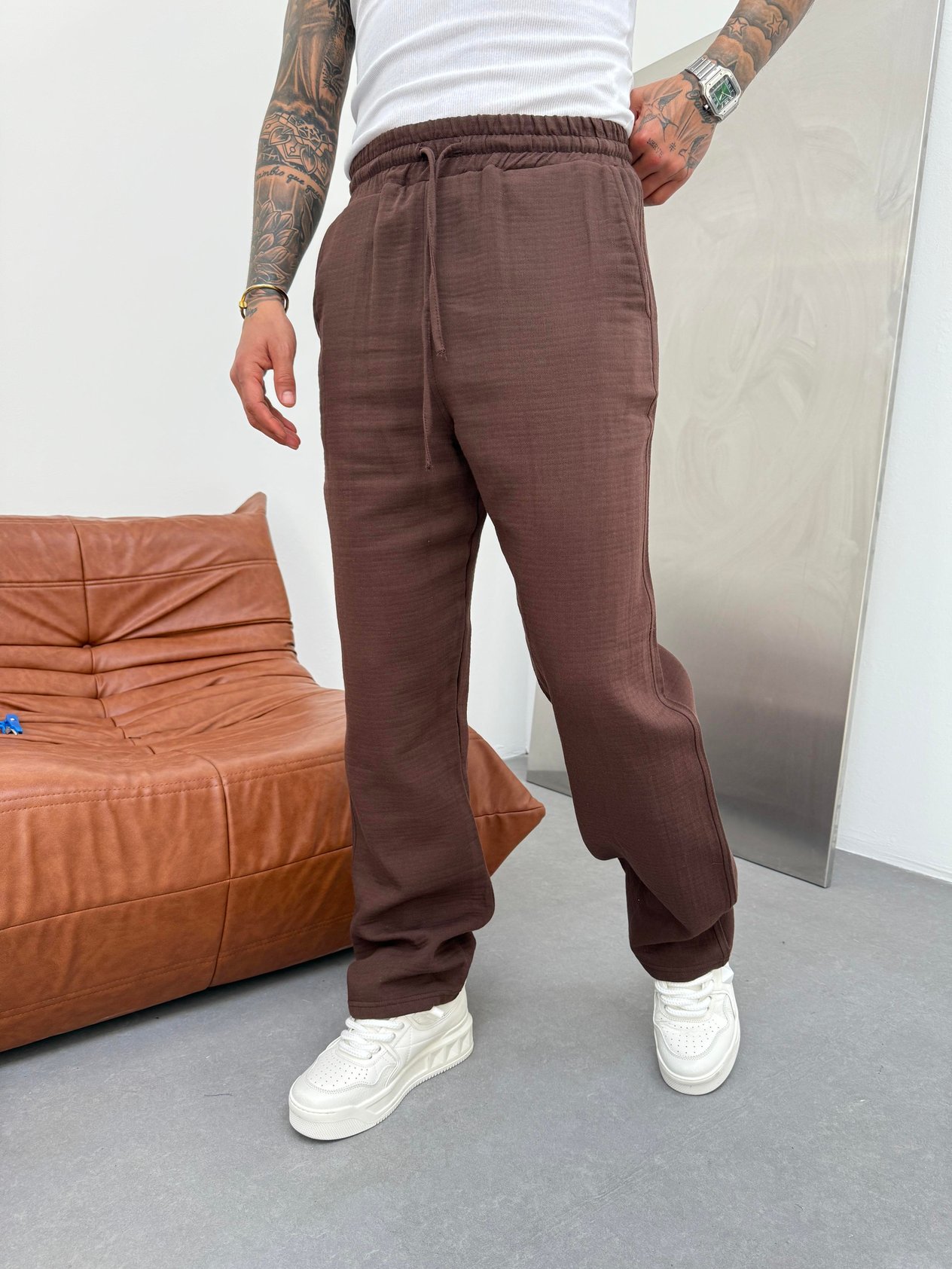 Kahve Müslin Kumaş Baggy Pantolon