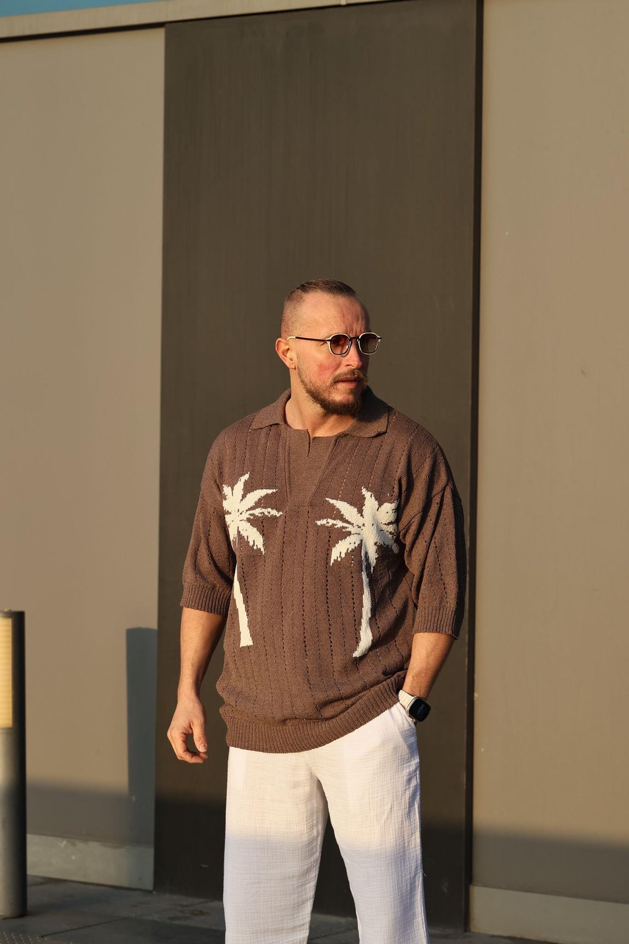 Kahverengi Desenli Polo Yaka Triko T-Shirt