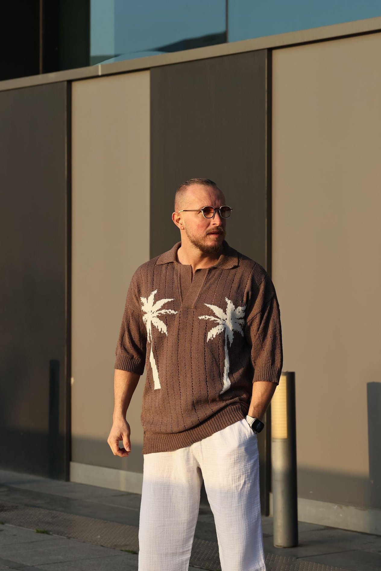 Kahverengi Desenli Polo Yaka Triko T-Shirt
