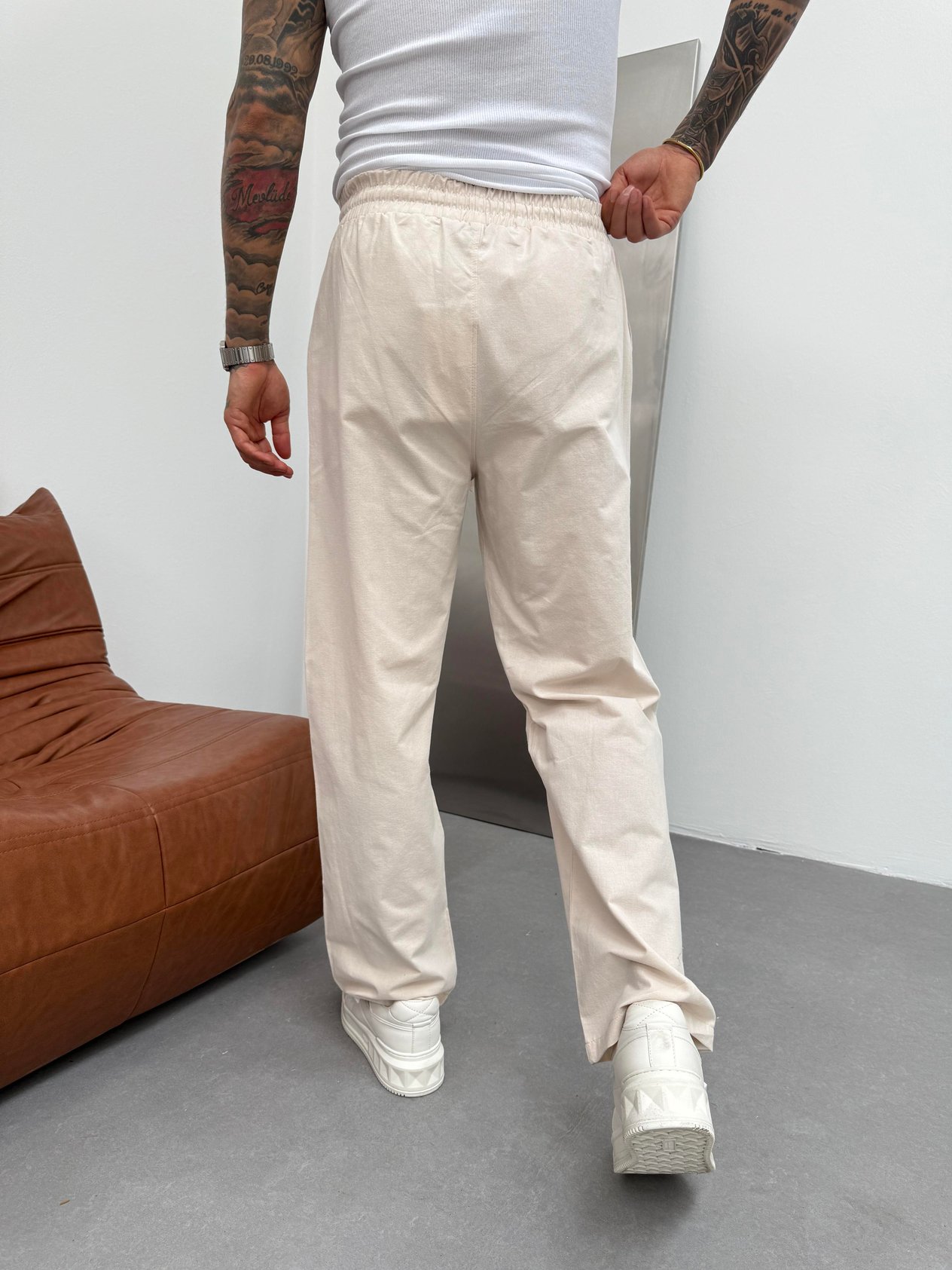 Krem Keten Baggy Pantolon