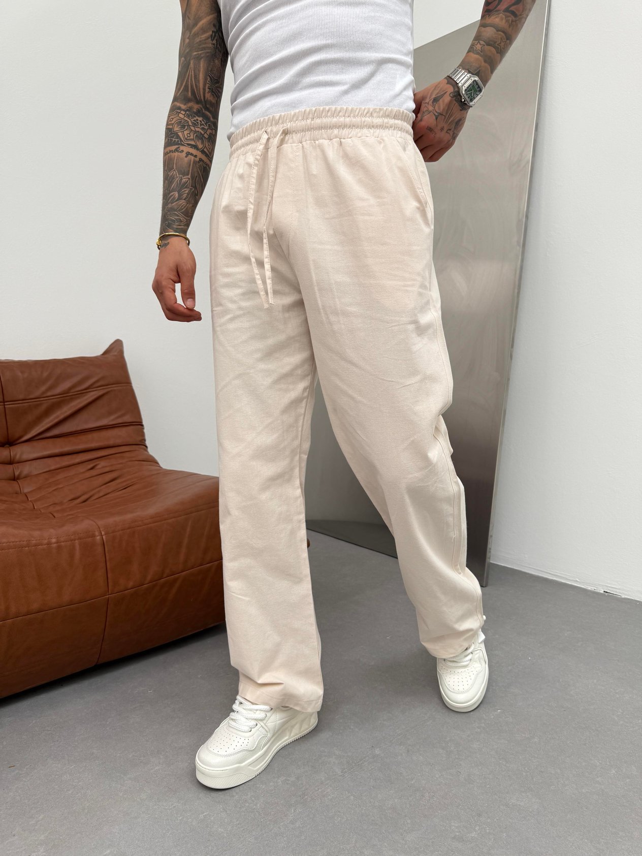 Krem Keten Baggy Pantolon
