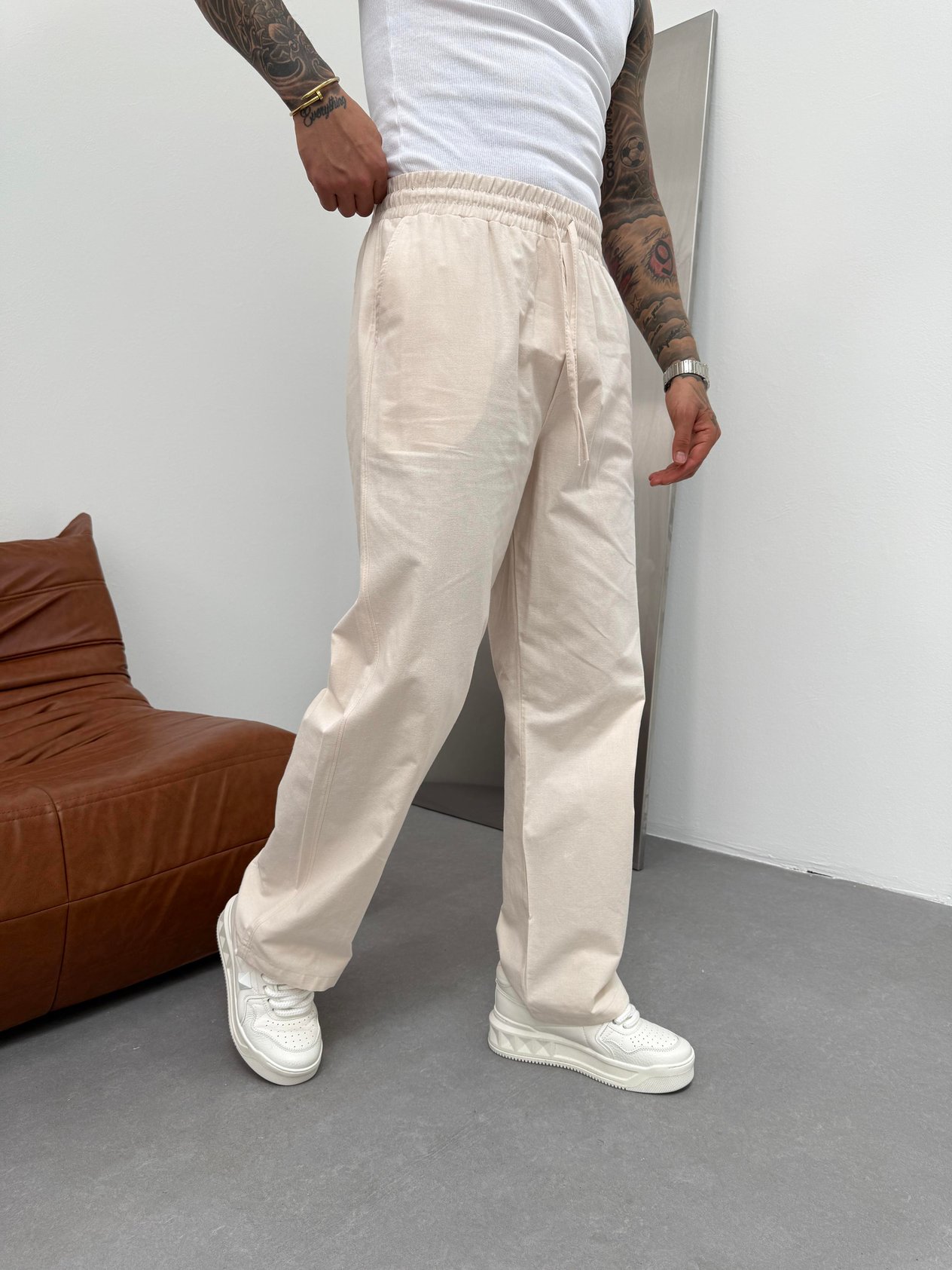 Krem Keten Baggy Pantolon