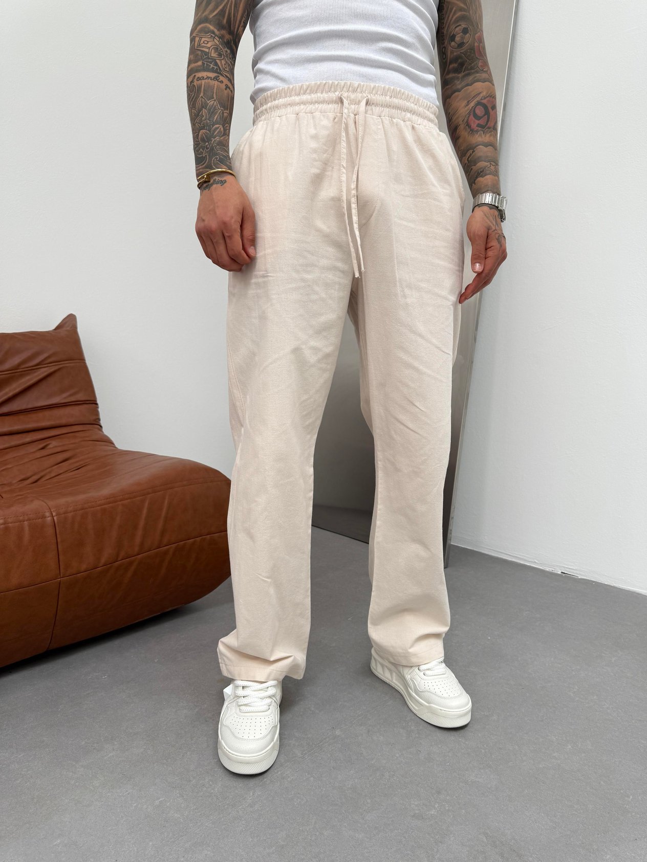 Krem Keten Baggy Pantolon