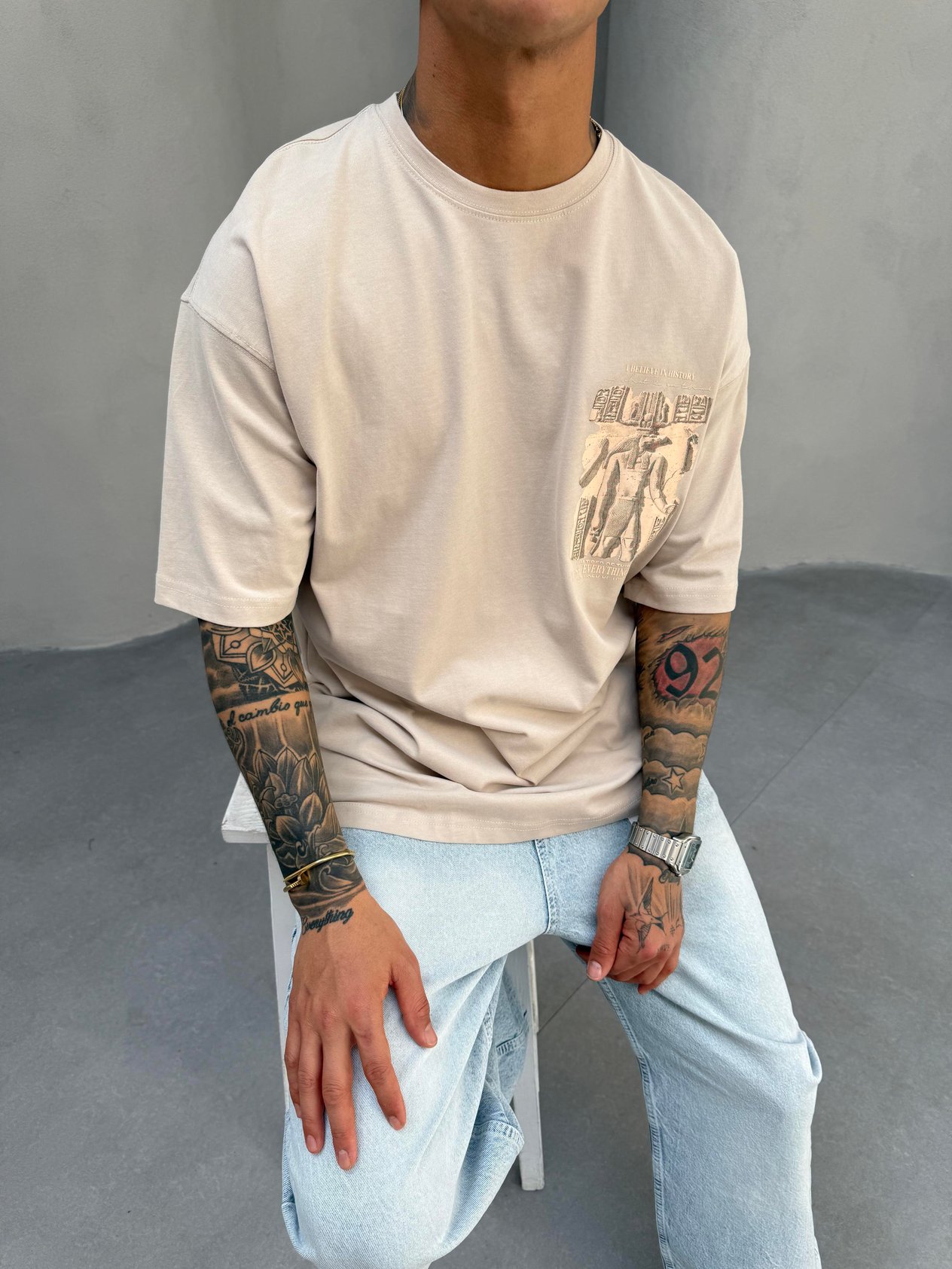 Krem Oversize Baskılı T-Shirt