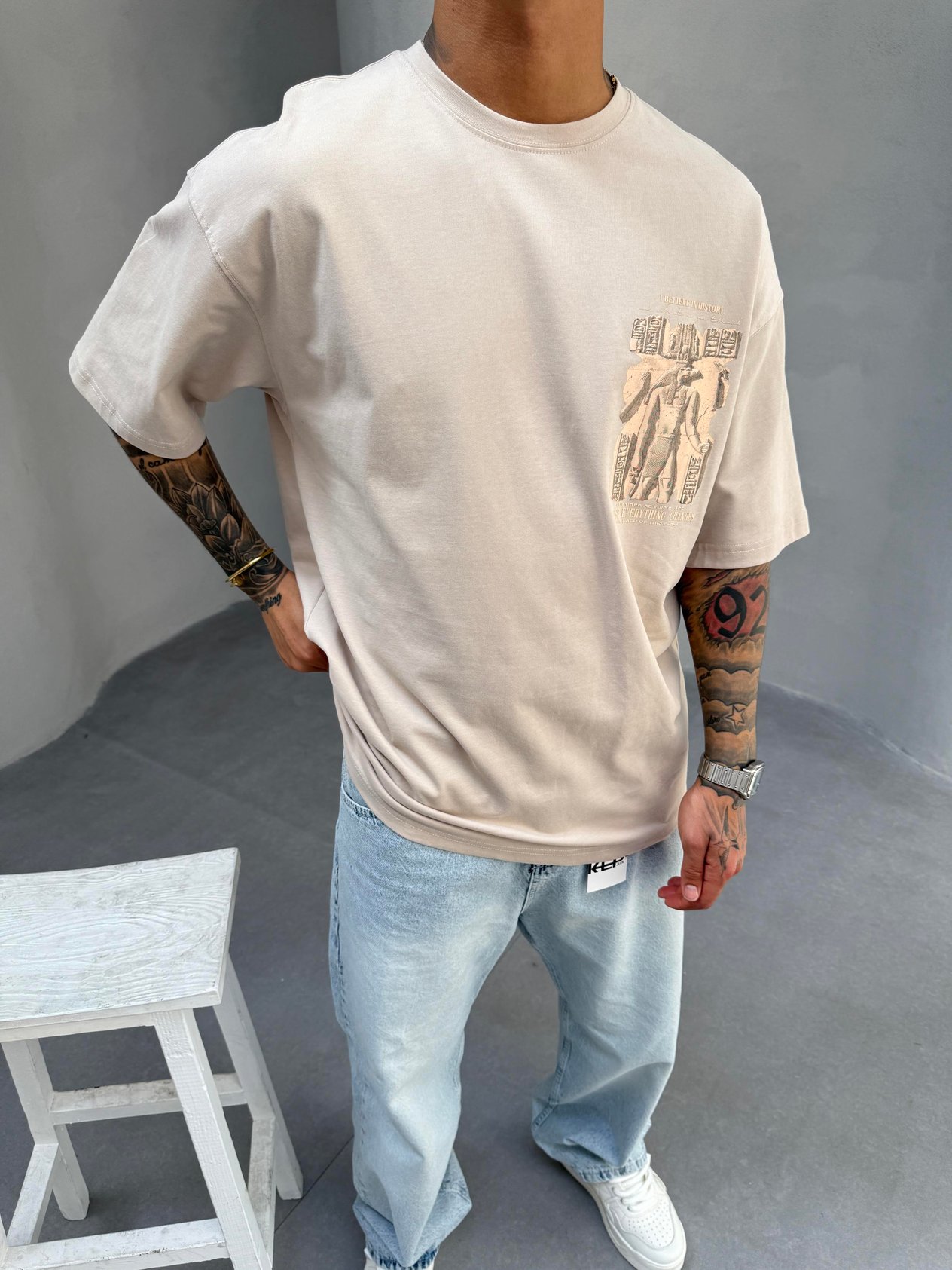 Krem Oversize Baskılı T-Shirt