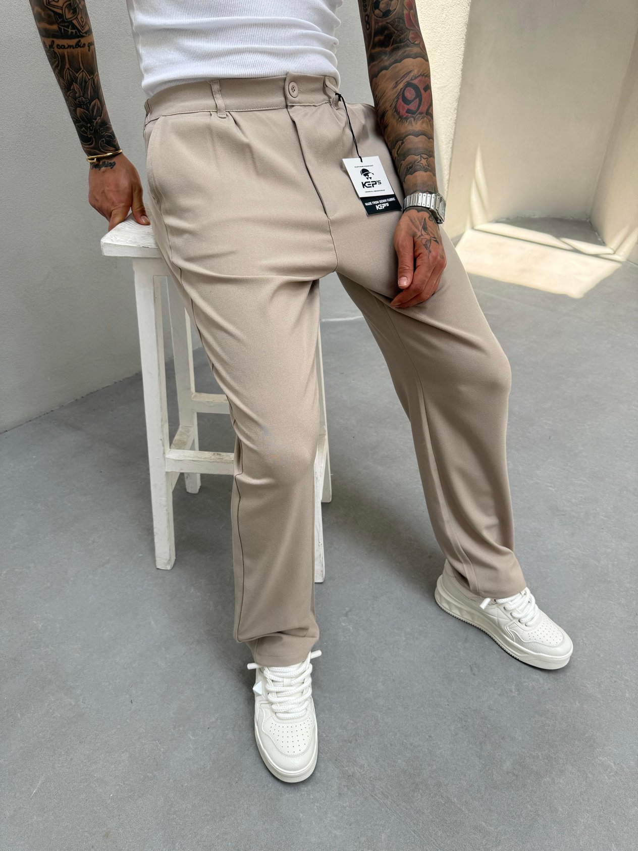 Krem Pileli Baggy Kumaş Pantolon
