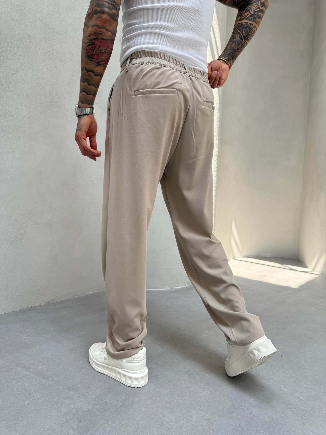 Krem Pileli Baggy Kumaş Pantolon