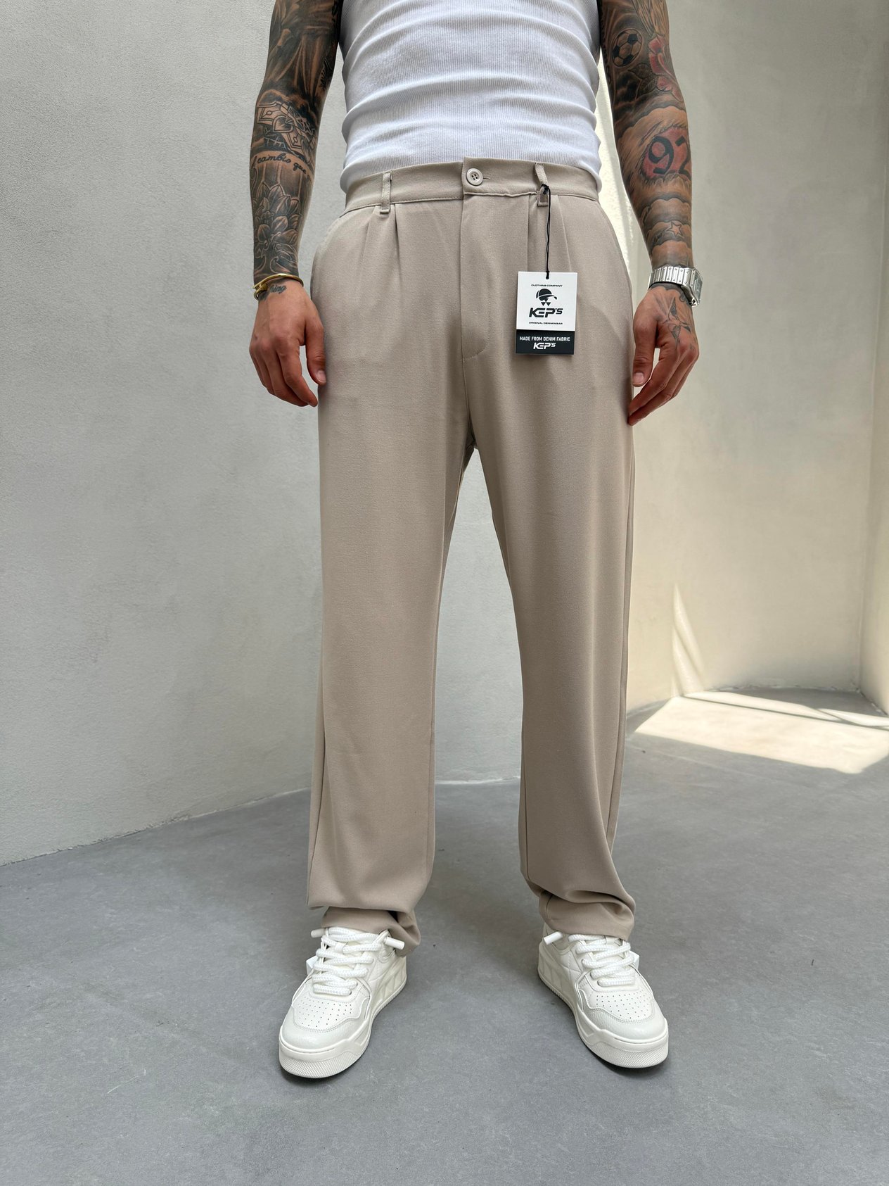 Krem Pileli Baggy Kumaş Pantolon